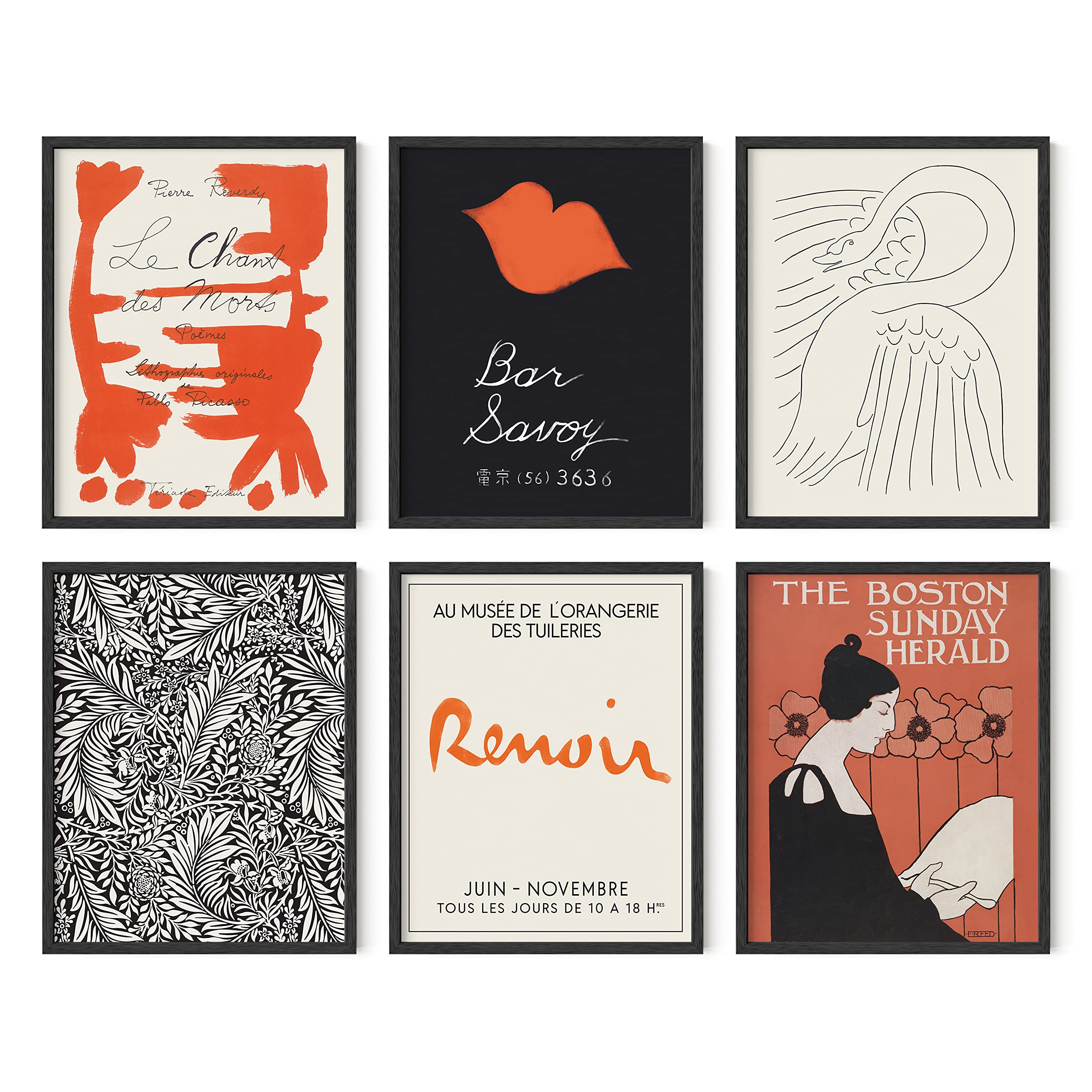 HAUS AND HUES Vintage Art Wall Decor - Set of 6 Red Art Paintings, William Morris & Picasso Inspired Posters for Living Room, Bedroom, Office Aesthetic - Red and Black Wall Art with Black Frame (11x14) - Perfect for Home Decor, Gift Ideas & Interior Design