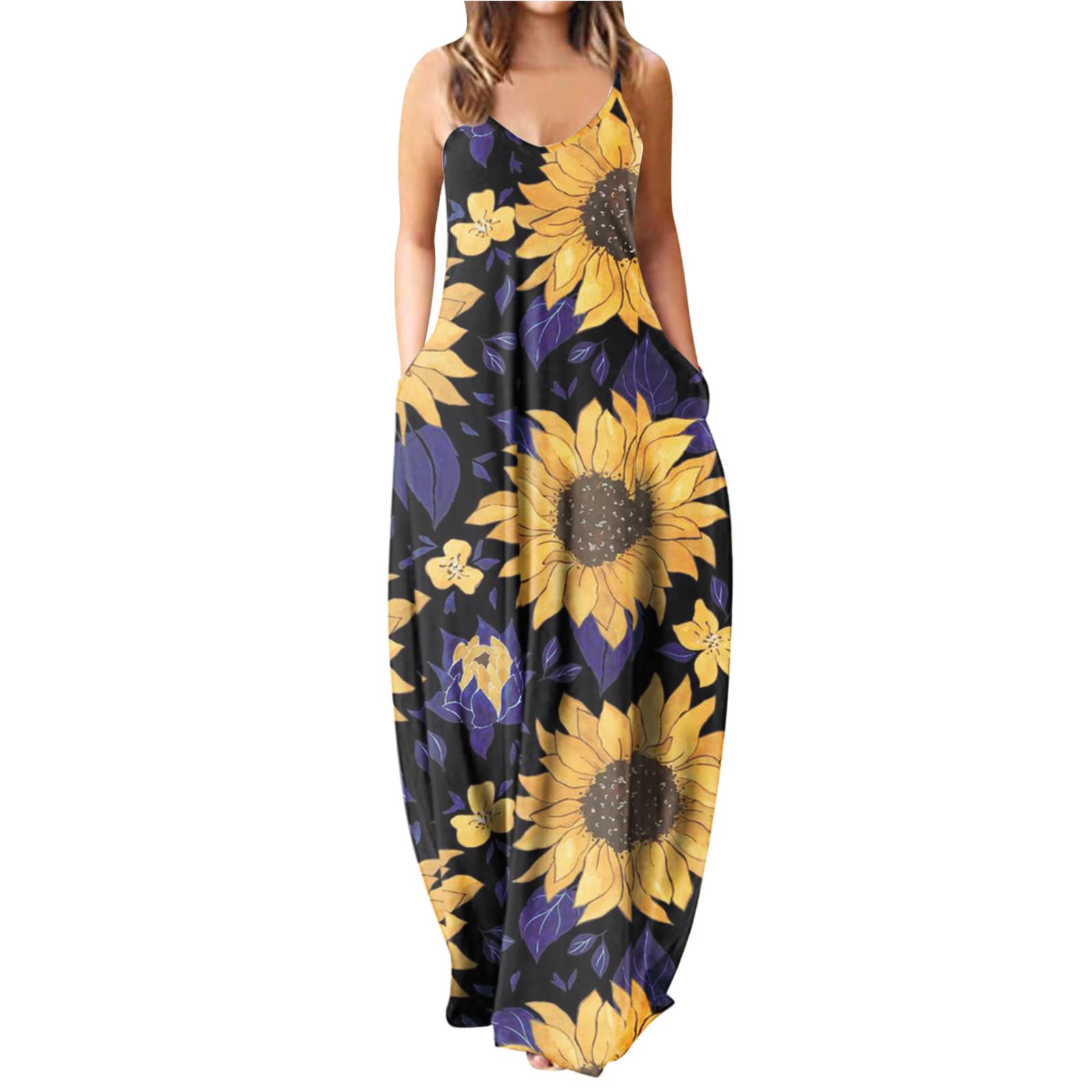 Women's Plus Size Floral Gradient Print Sleeveless Maxi Dress - Casual Summer Loose Long Dress with Pockets | Perfect for Beach Vacation, Outdoor Parties & Everyday Wear