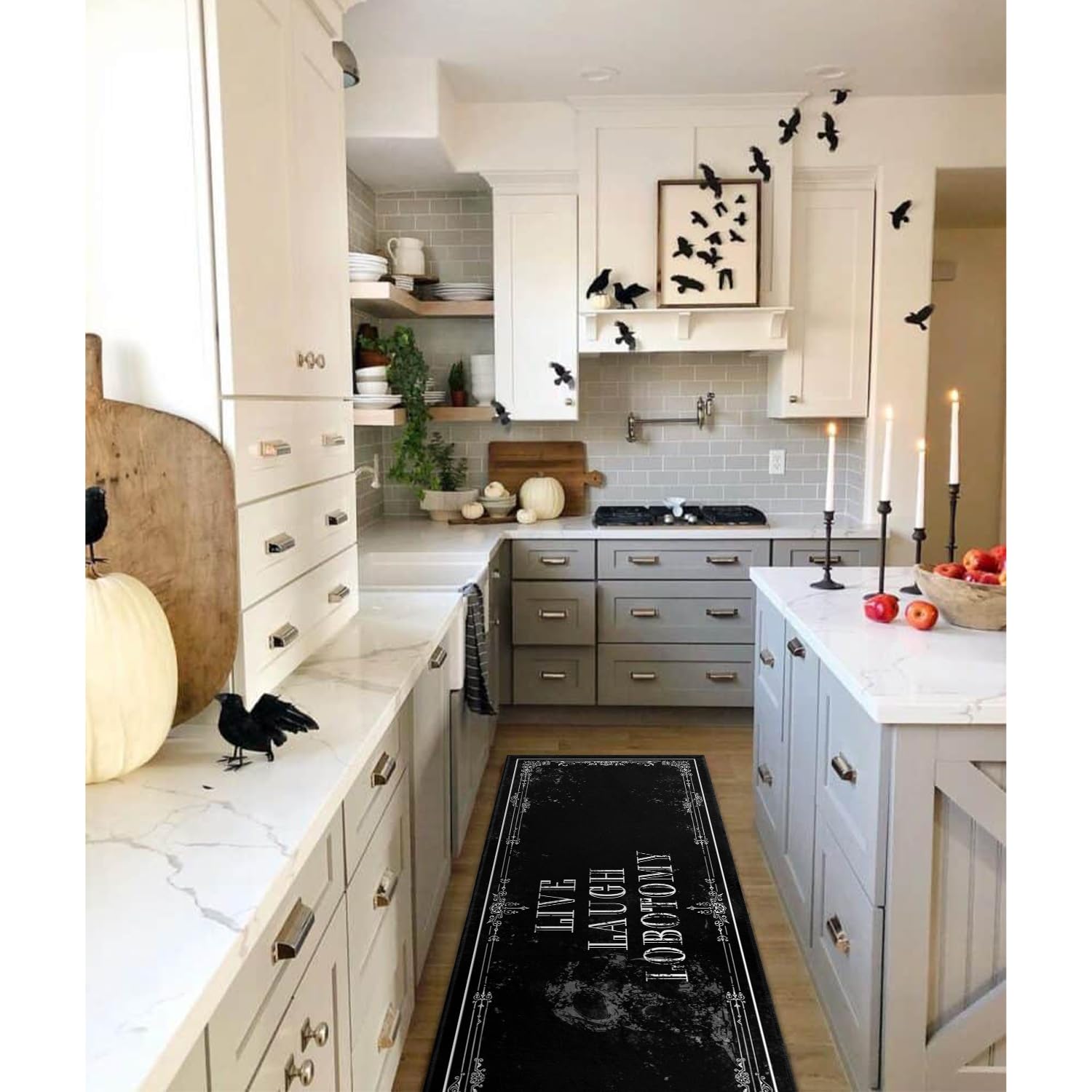 Goth Kitchen Mat Set of 2 - Non-Slip Halloween Kitchen Rugs with Skull & Witch Design - Black Gothic Decor for Home - Perfect for Halloween Parties, Spooky Kitchen Decor & Gothic Home Accessories