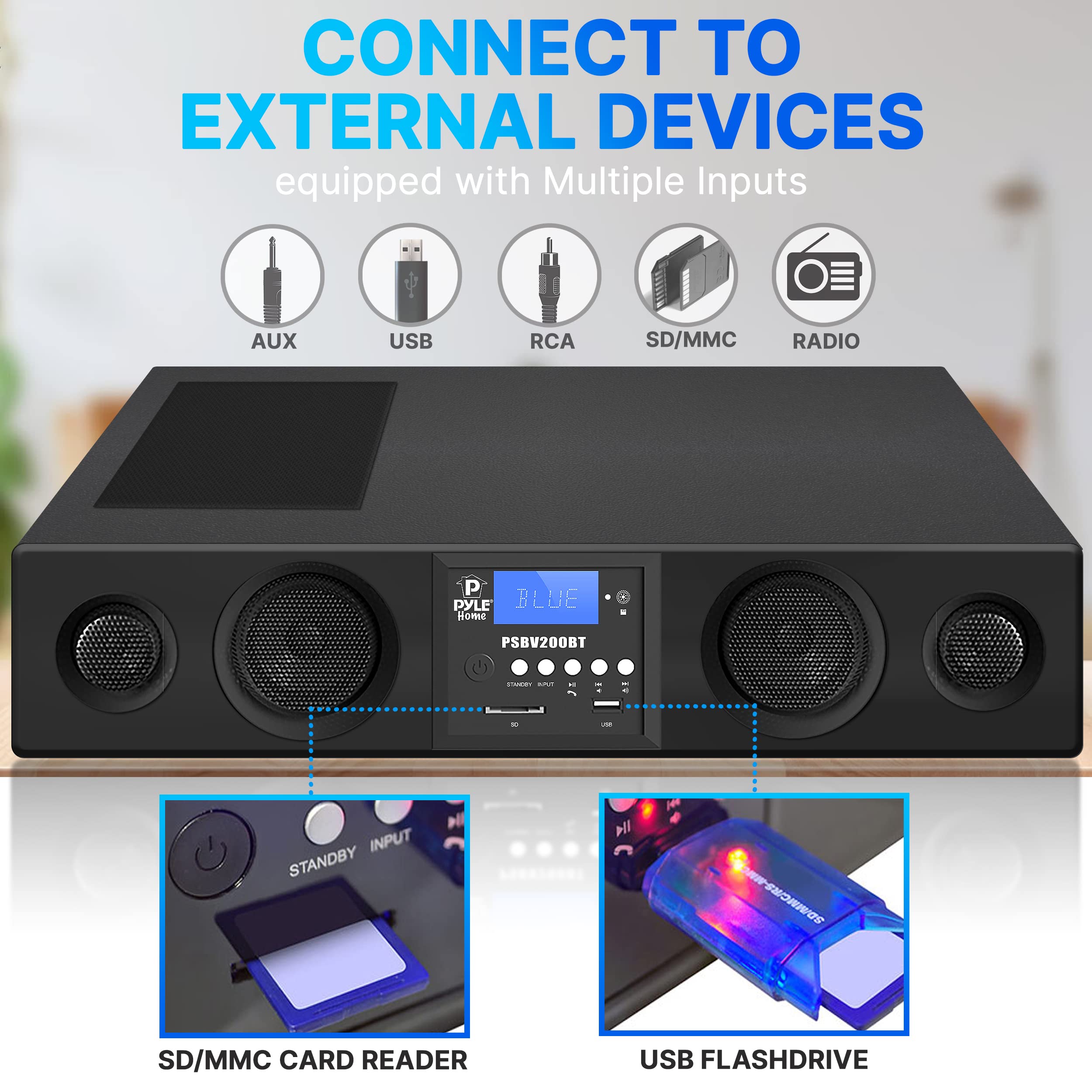 Pyle PSBV200BT 3D Surround Sound Bluetooth Soundbar with Deep Bass - Wireless TV Speaker System with USB, SD, FM Radio & 3.5mm AUX Input, Remote Control - Perfect for Home Theater, Gaming & Movie Nights (Black)