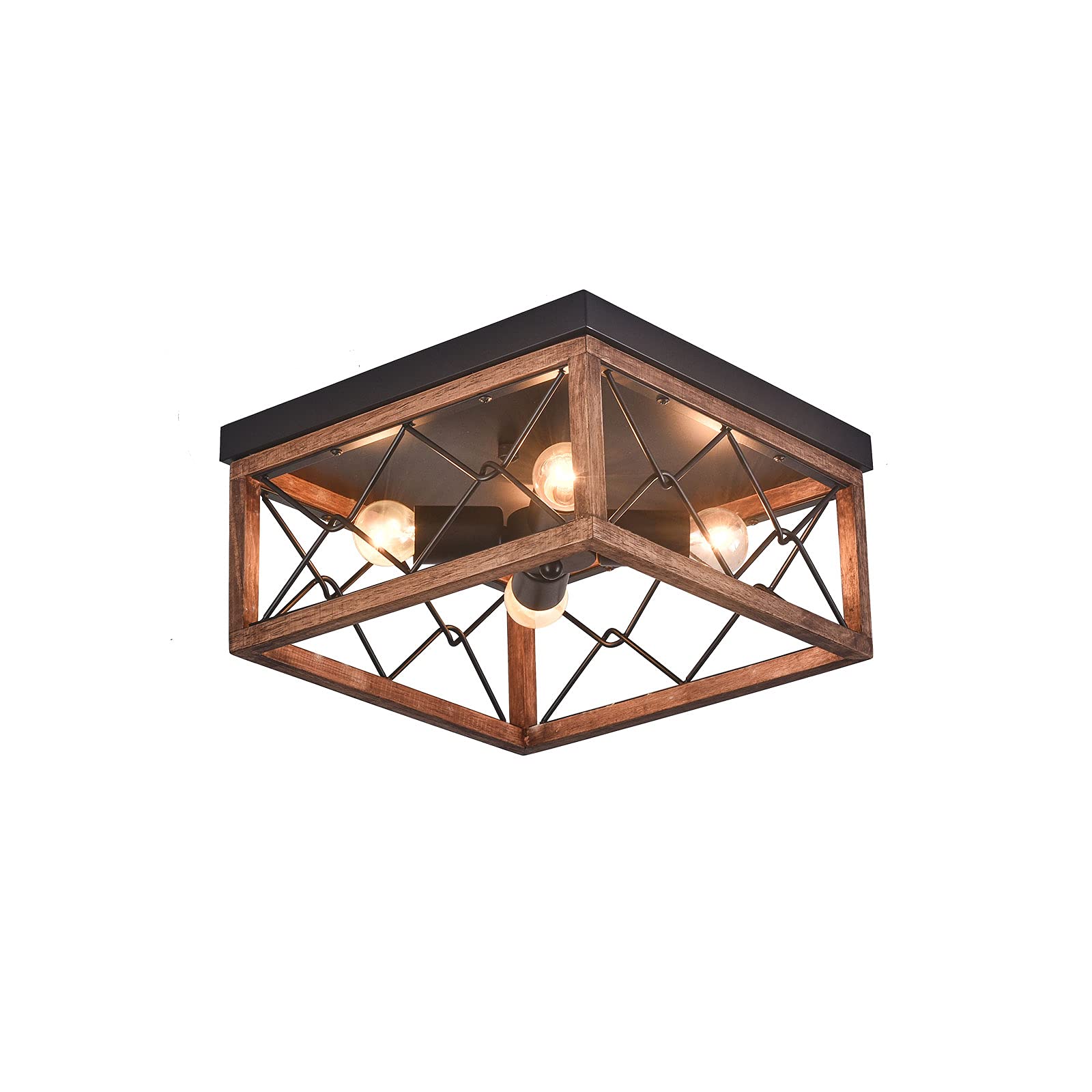 TFCFL Industrial Retro Farmhouse Ceiling Light - 4-Light Wooden Flush Mount Fixture (32x16cm Pale Wood) for Living Room, Dining Room & Bedroom | Vintage Lighting for Rustic Home Decor, Kitchen Island & Entryway