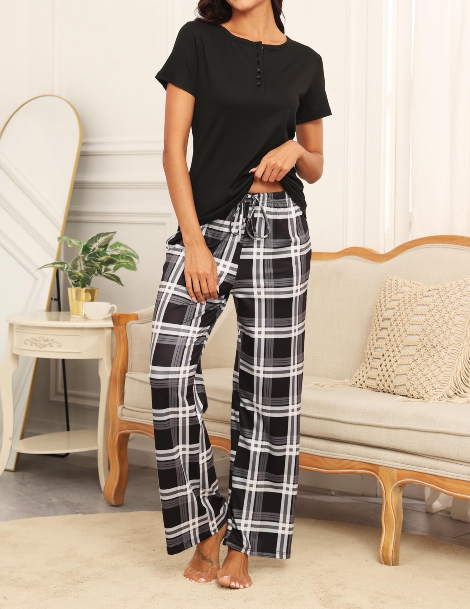 Ekouaer Women's Soft Ribbed Knit Pajama Set - Short Sleeve Button-Down Sleepwear & Lounge Set with Plaid Pattern | Perfect for Sleepovers, Relaxing at Home & Cozy Nights
