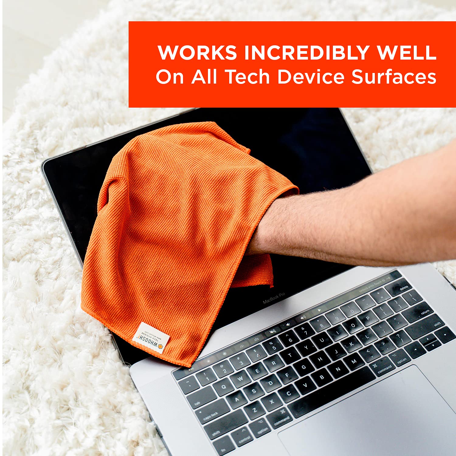 WHOOSH! Premium Microfiber Cleaning Cloths 3-Pack - Ultra Soft Lens & Screen Cleaning Cloths for Glasses, TVs, Laptops, Phones, iPads, MacBooks, Monitors & Smartwatches (14x14 Inch) - Orange - Perfect for Home, Office & Car Use
