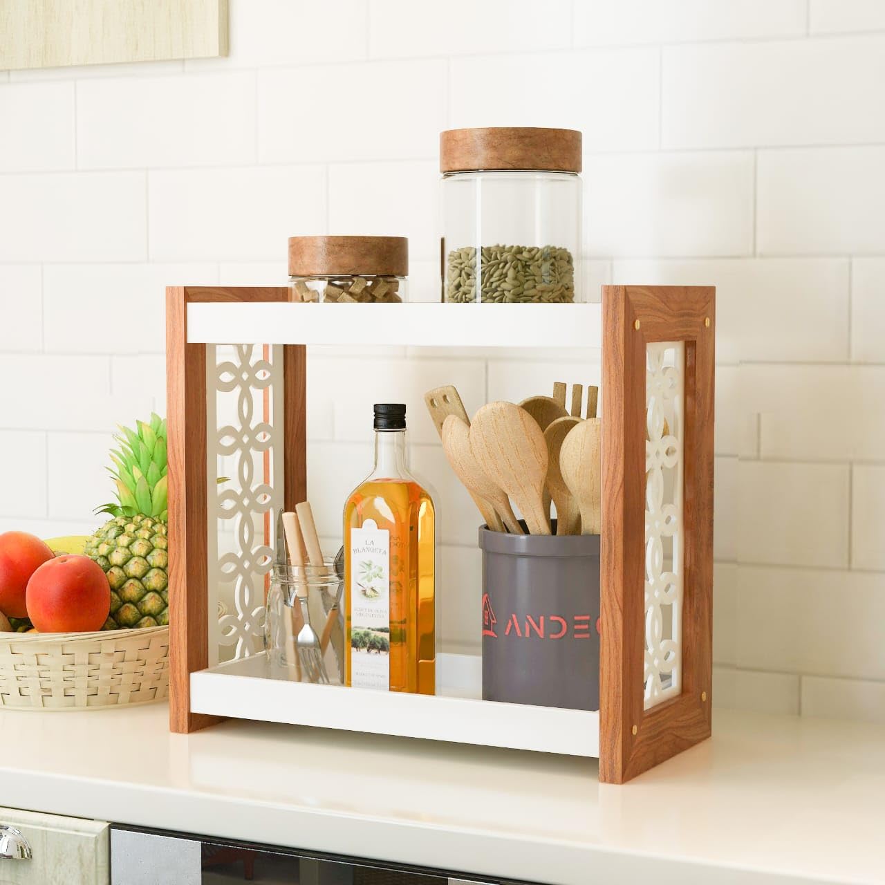 AnDecy 2-Tier Wooden Spice Rack Organizer - Countertop Kitchen Storage Shelf for Jars & Bottles - Perfect for Pantry, Spice Organization & Kitchen Decor