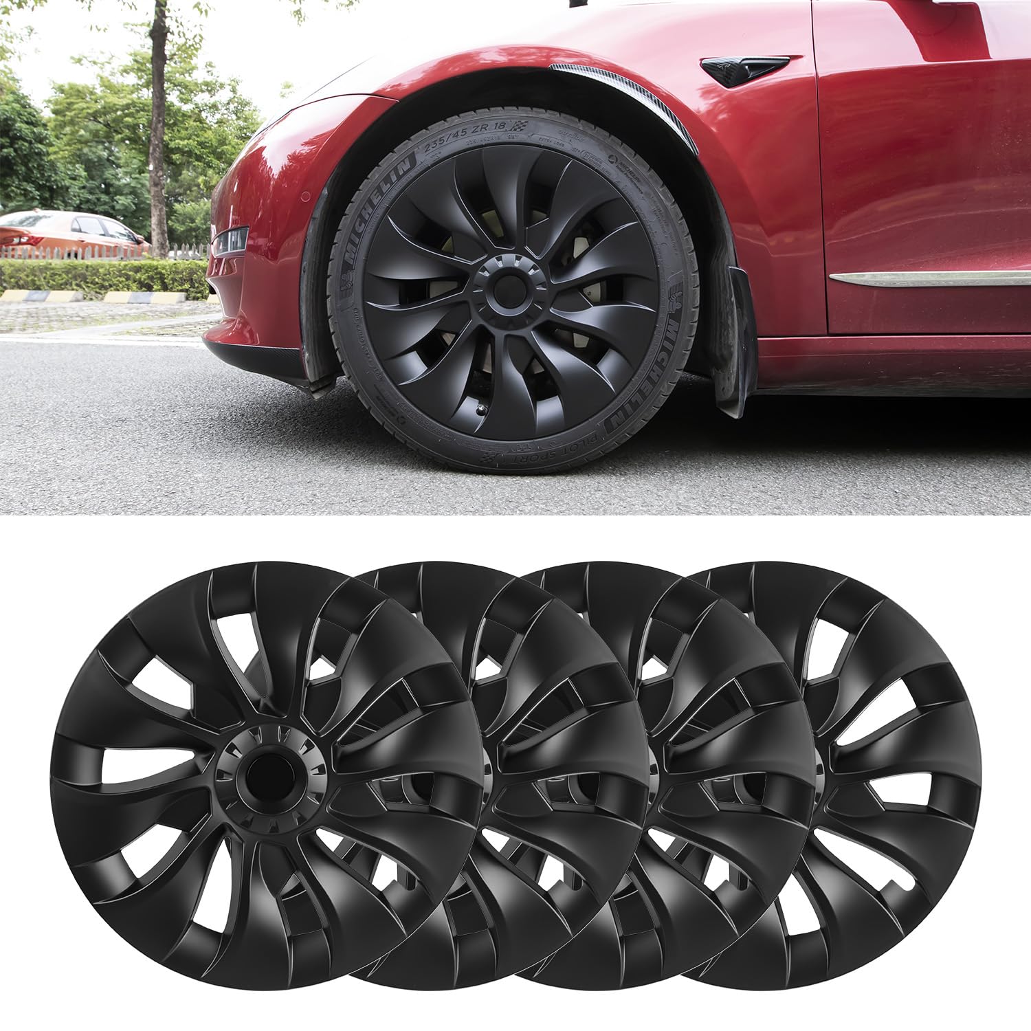18 Inch Tesla Model 3 Wheel Covers - ABS Hub Cap Replacement Set of 4 (Matte Black) | 2018-2024 Model 3 Accessories | Perfect for Road Trips & Daily Commuting