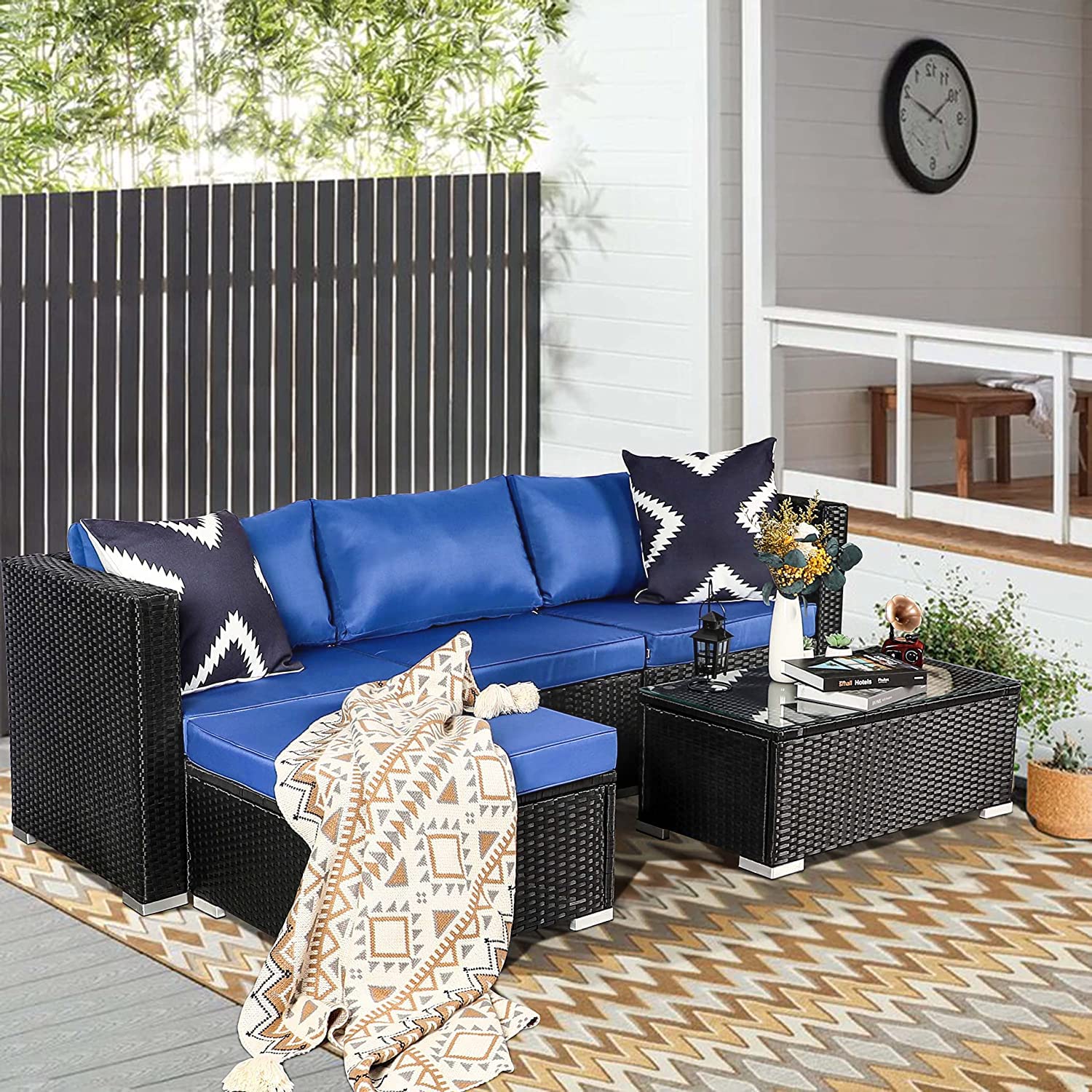 5-Piece Black Wicker Patio Furniture Set - Outdoor Sectional Sofa & Conversation Set, Rattan Deck Furniture for Garden, Poolside & Backyard Relaxation