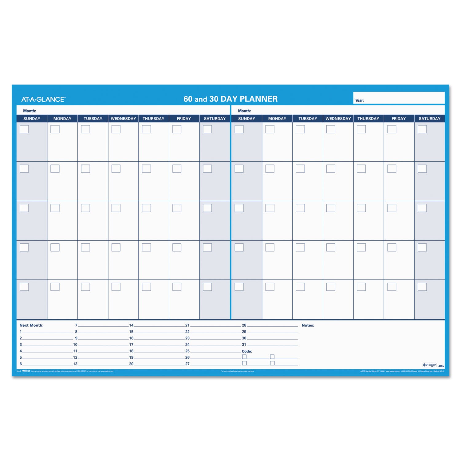 AT A GLANCE® 30/60 Day Undated Horizontal Erasable Wall Calendar Planner - 48