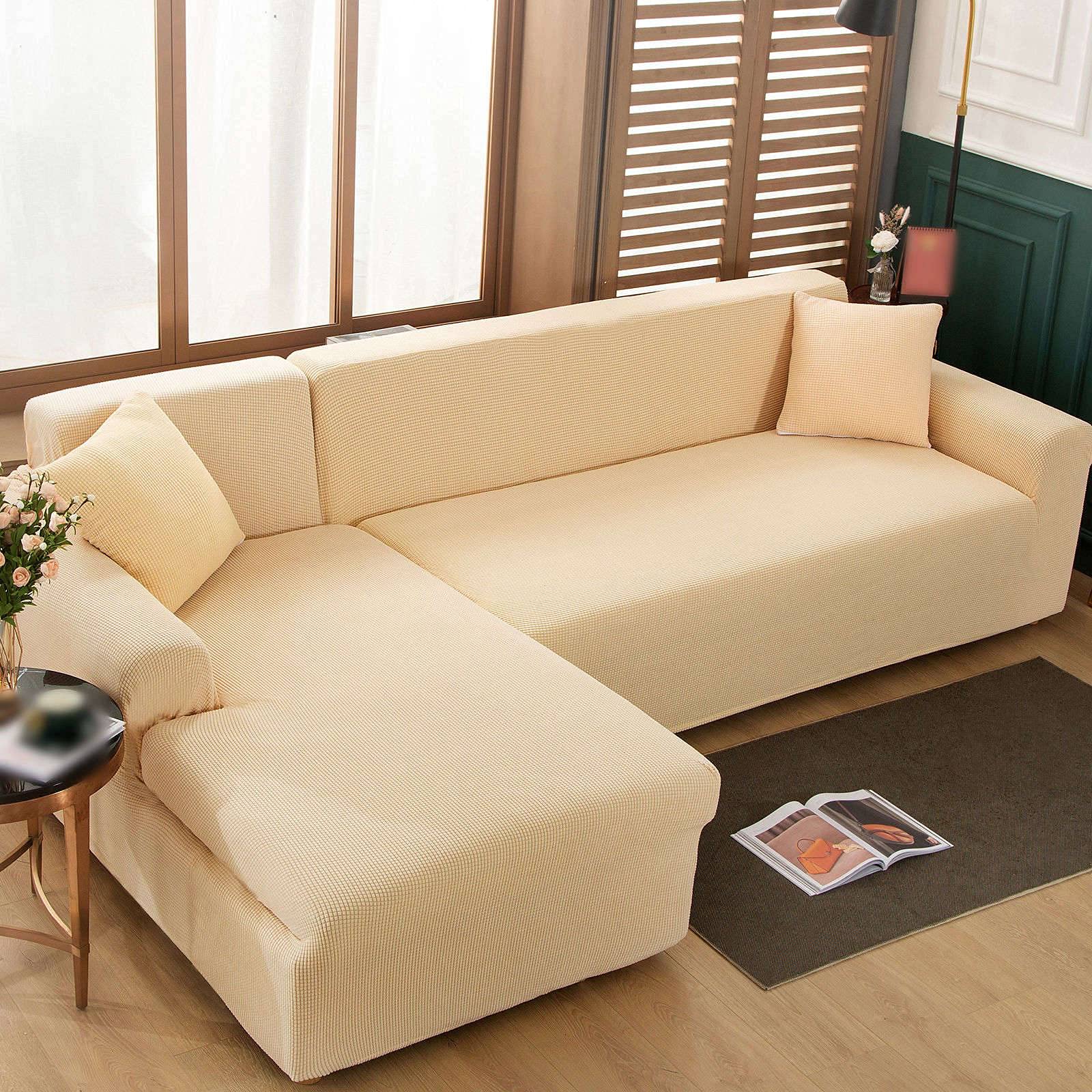 HALOUK Stretch L-Shaped Sectional Sofa Cover - 2 Piece Jacquard Spandex Fabric Furniture Protector Slipcover for 3+3 Seater Couch - Beige - Perfect for Living Room, Family Room & Home Decor Protection