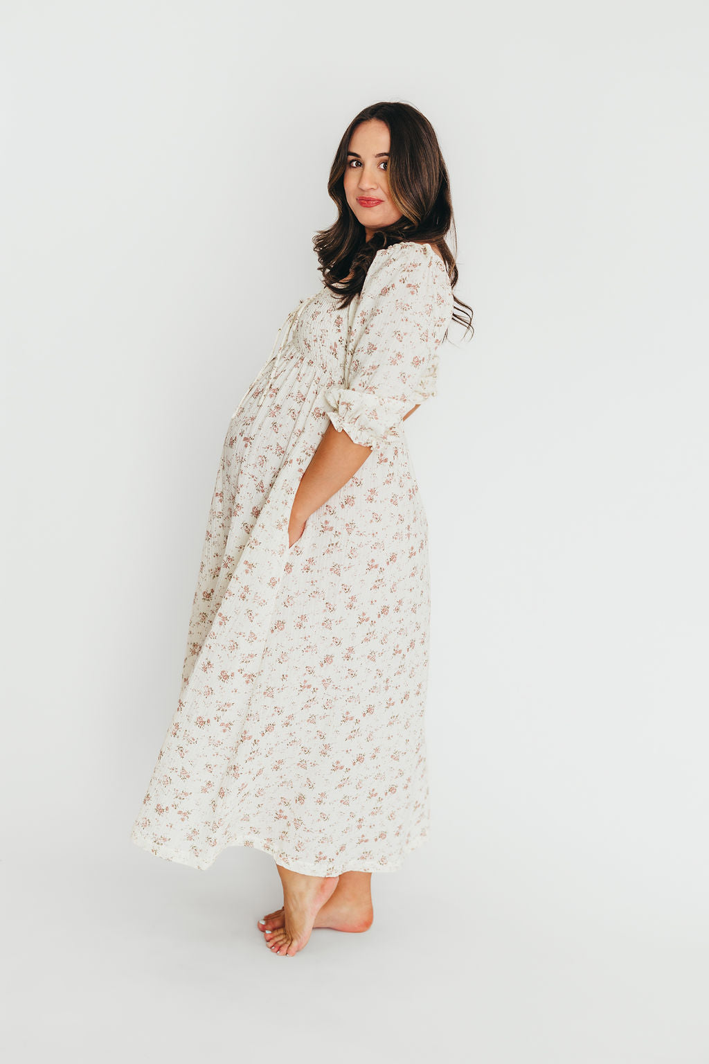 100% Cotton Smocked Maxi Dress for Women - Ivory/Mauve Floral Print | Bump Friendly Maternity Dress | Perfect for Summer, Beach Vacations & Special Occasions