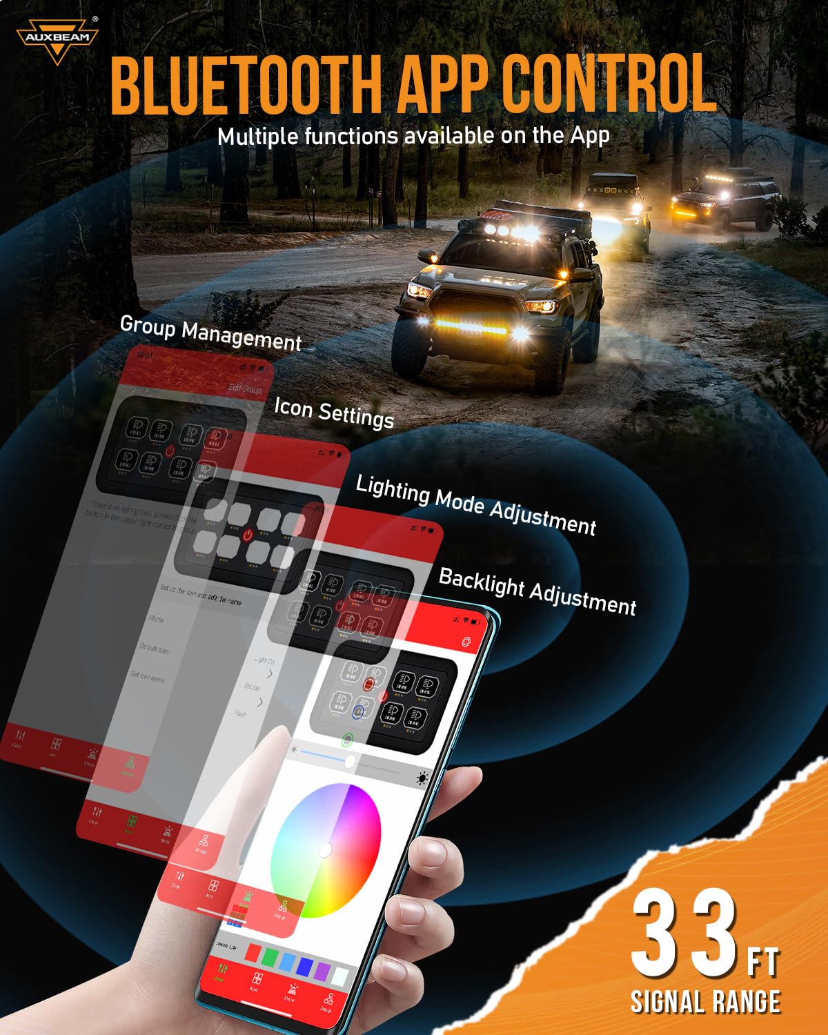 Auxbeam 8 Gang Switch Panel AR-820 Bluetooth RGB Switch Pod - Waterproof Multifunction Toggle Control Panel with Momentary/Pulsed Modes for UTV, ATV, Truck, Car, RV & Boat | Auto Dimmable LED Backlight | Perfect for Off-Roading, Marine & Camping Adventures | 2-Year Warranty