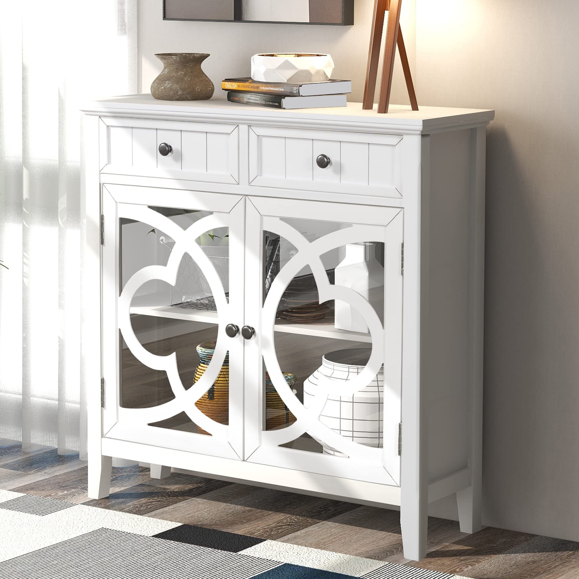Vintage Wood Storage Cabinet with Glass Doors & 2 Drawers - Retro Style Accent Cabinet with Adjustable Shelf for Home, Kitchen, Living Room & Entryway - White - Perfect for Organizing Dishes, Books & Decor in Small Spaces