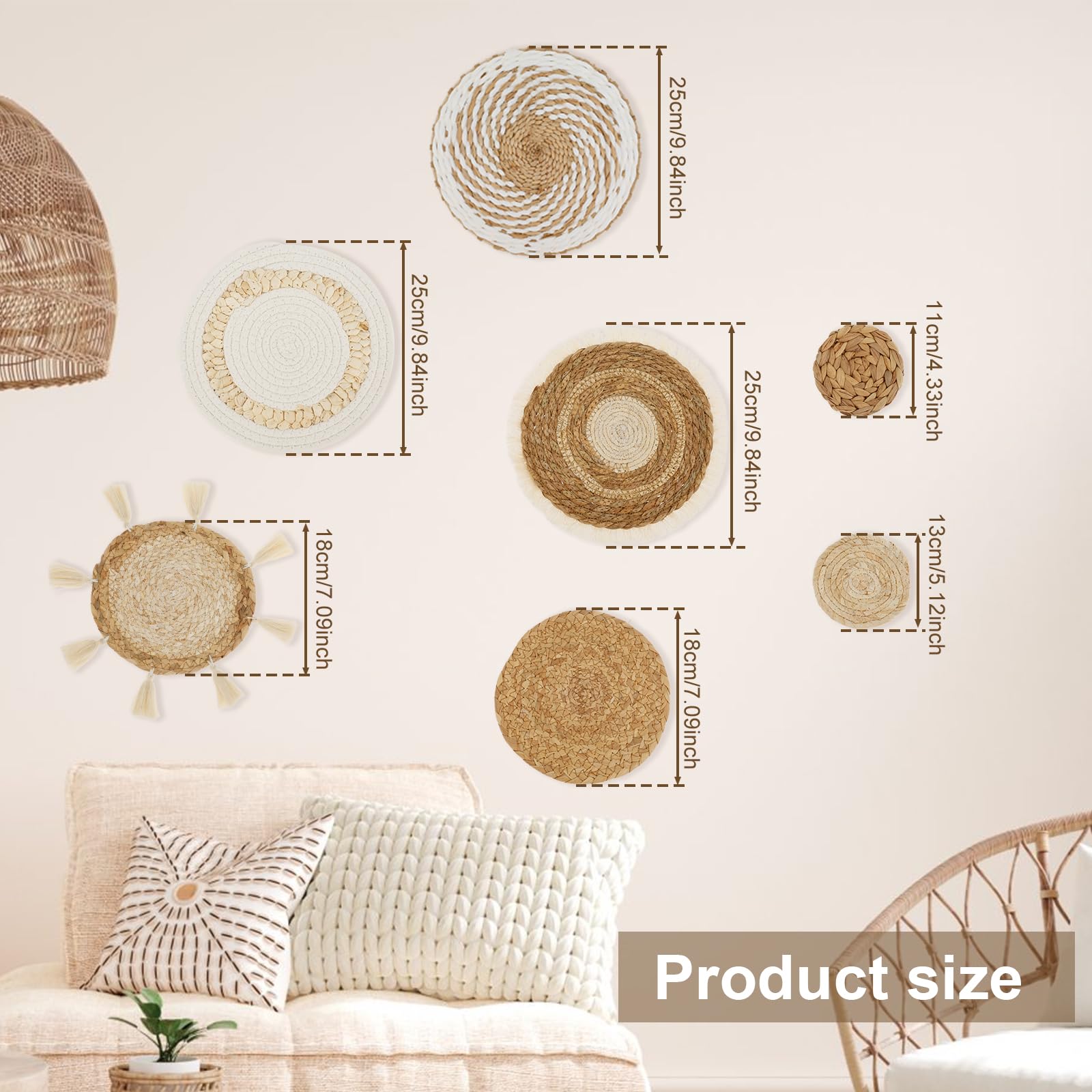 Boho Wall Basket Decor Set - 7 Pack Woven Seagrass Hanging Baskets for Home & Office Decor