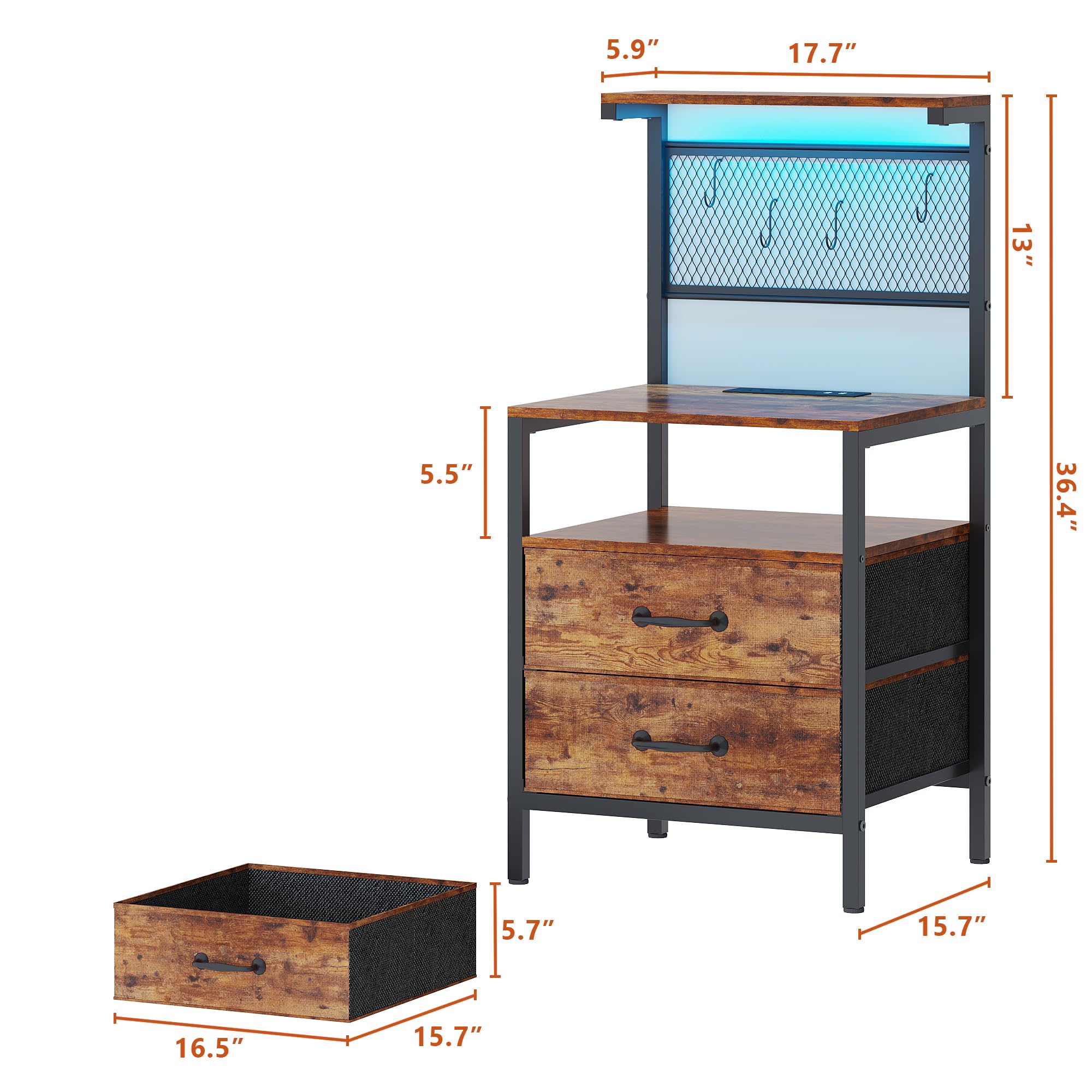 Rustic Brown Nightstand Set of 2 with Charging & LED Lights - Bedside Table with Storage for Bedroom