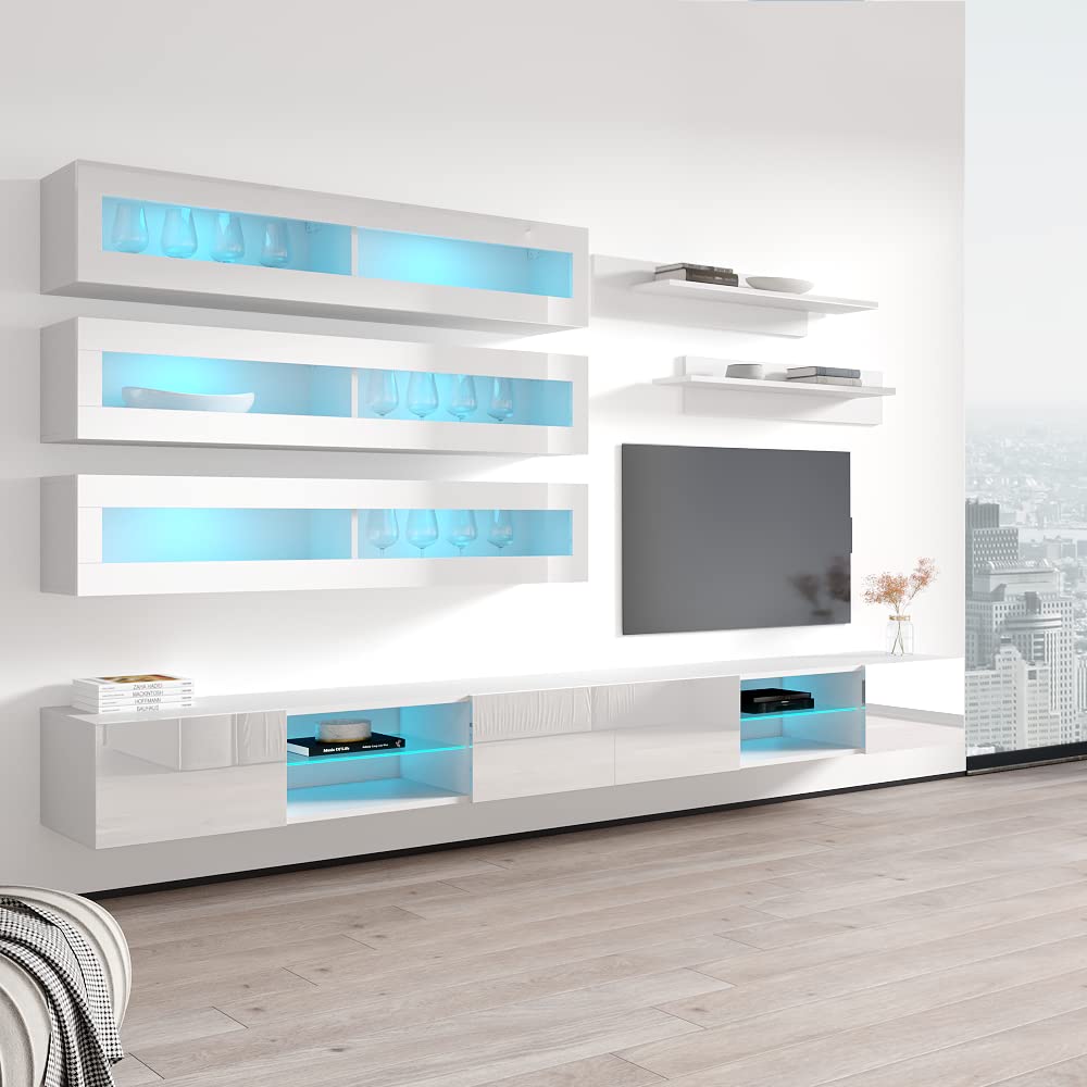Modern White Wall-Mounted TV Stand with Storage & LED Lights - Floating Entertainment Center Console for Bedroom & Living Room - Meble Furniture Fly J3 33