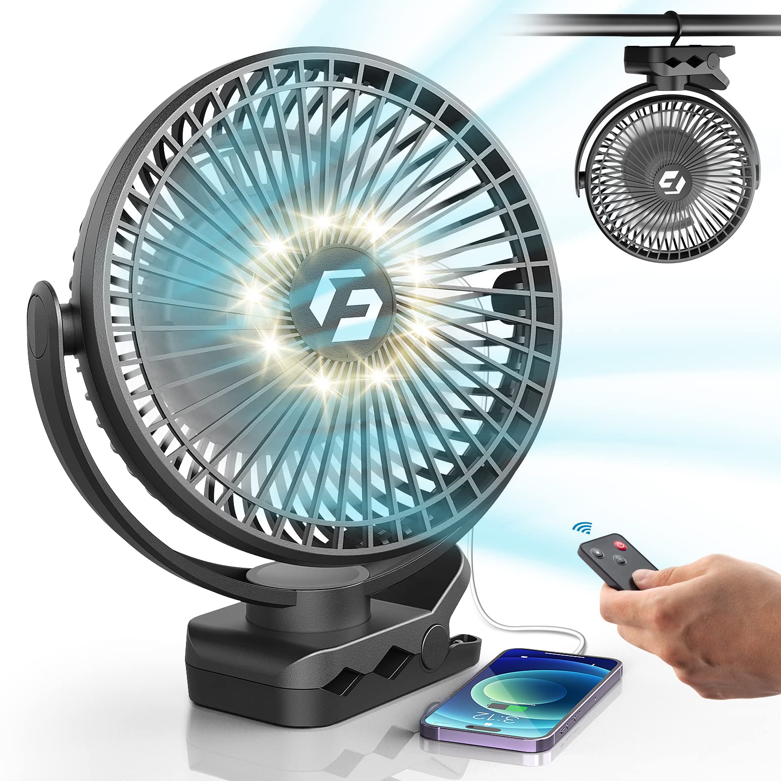 8-inch Clip on Fan - 12000mAh Rechargeable Battery, 3 Speed Adjustable Portable Fan with Strong Airflow, USB Powered Quiet Personal Desk Fan for Office, Stroller, Bedroom, Camping & Outdoor Activities