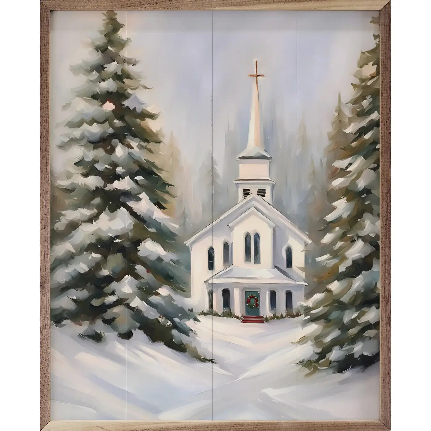 Church With Snow Wood Framed Print - Winter Landscape Wall Art Decor for Living Room, Bedroom & Office