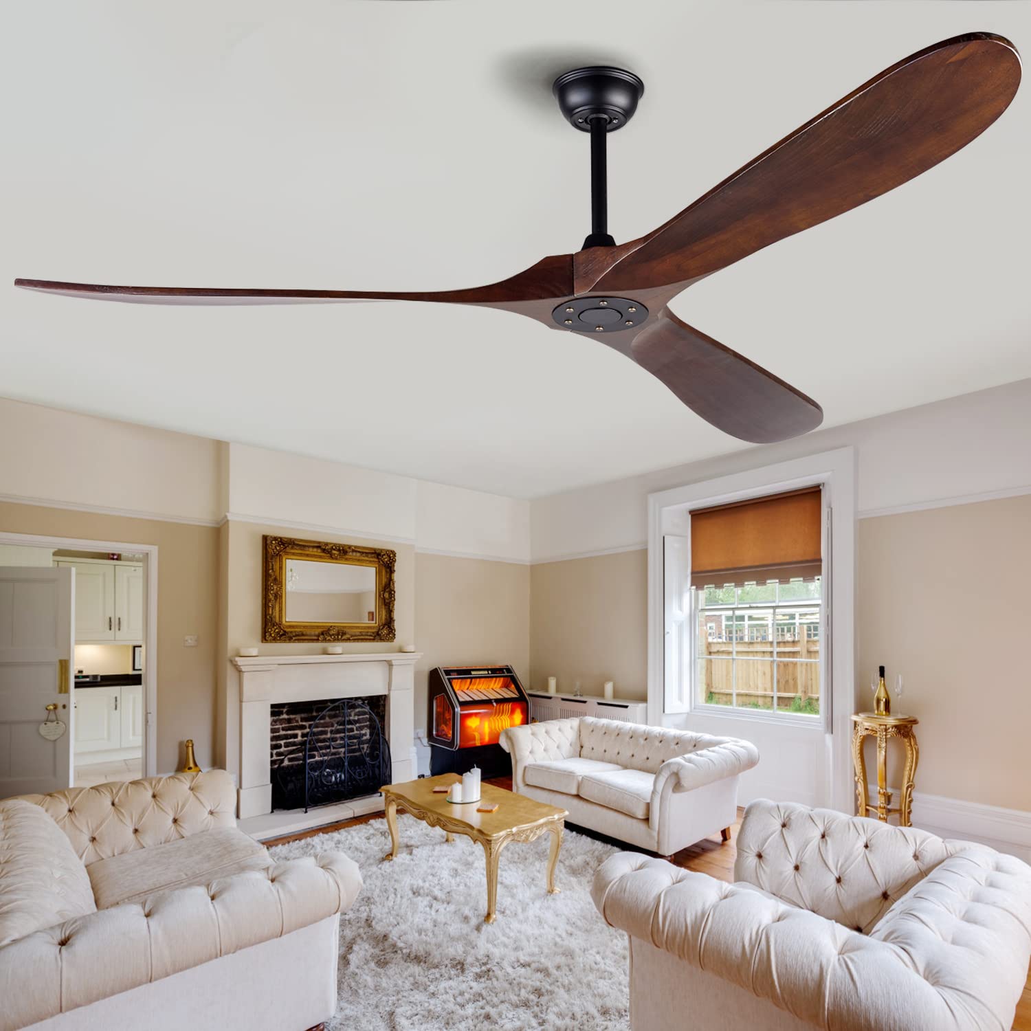 70 Inch Solid Wood Ceiling Fan Without Light - Remote Control, 3 Blades, Waterproof - Natural Wood Indoor/Outdoor Ceiling Fan for Patio, Bedroom, Living Room - Perfect for Cooling Large Spaces with Rustic Charm