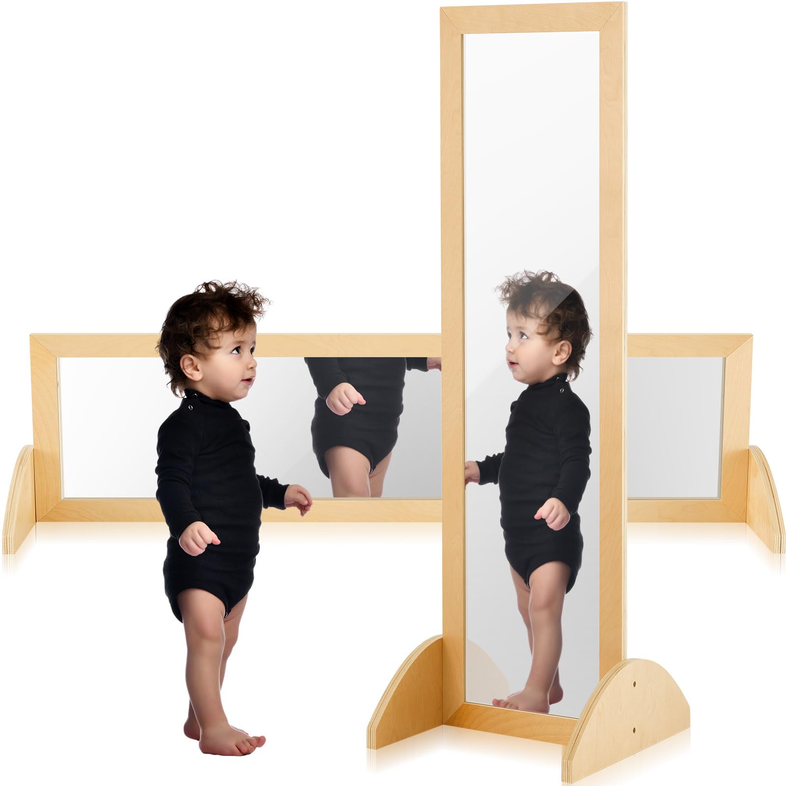 Double-Sided Bi-Directional Montessori Baby Mirror – Shatterproof Acrylic Non-Glass Infant Toddler Learning Mirror with Wooden Frame for Early Walking Development | Safe Nursery Decor & Playroom Activity