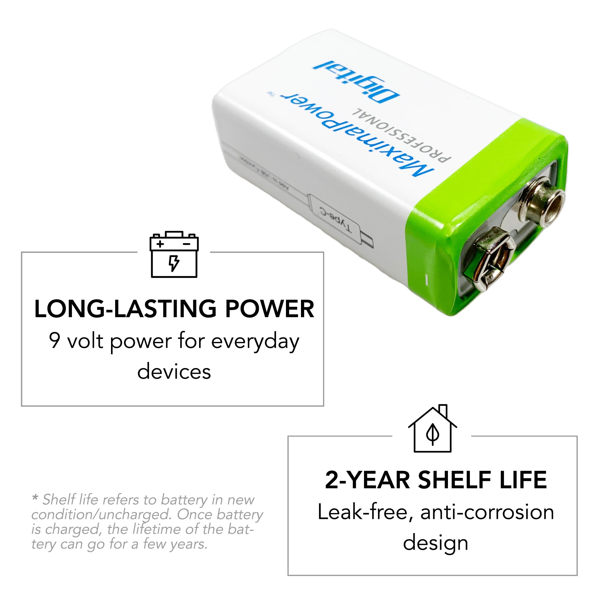9V 650mAh Rechargeable Lithium Ion Battery with USB Type C Cable - Power for Guitar Pedals, Smoke Detectors & Electronic Devices