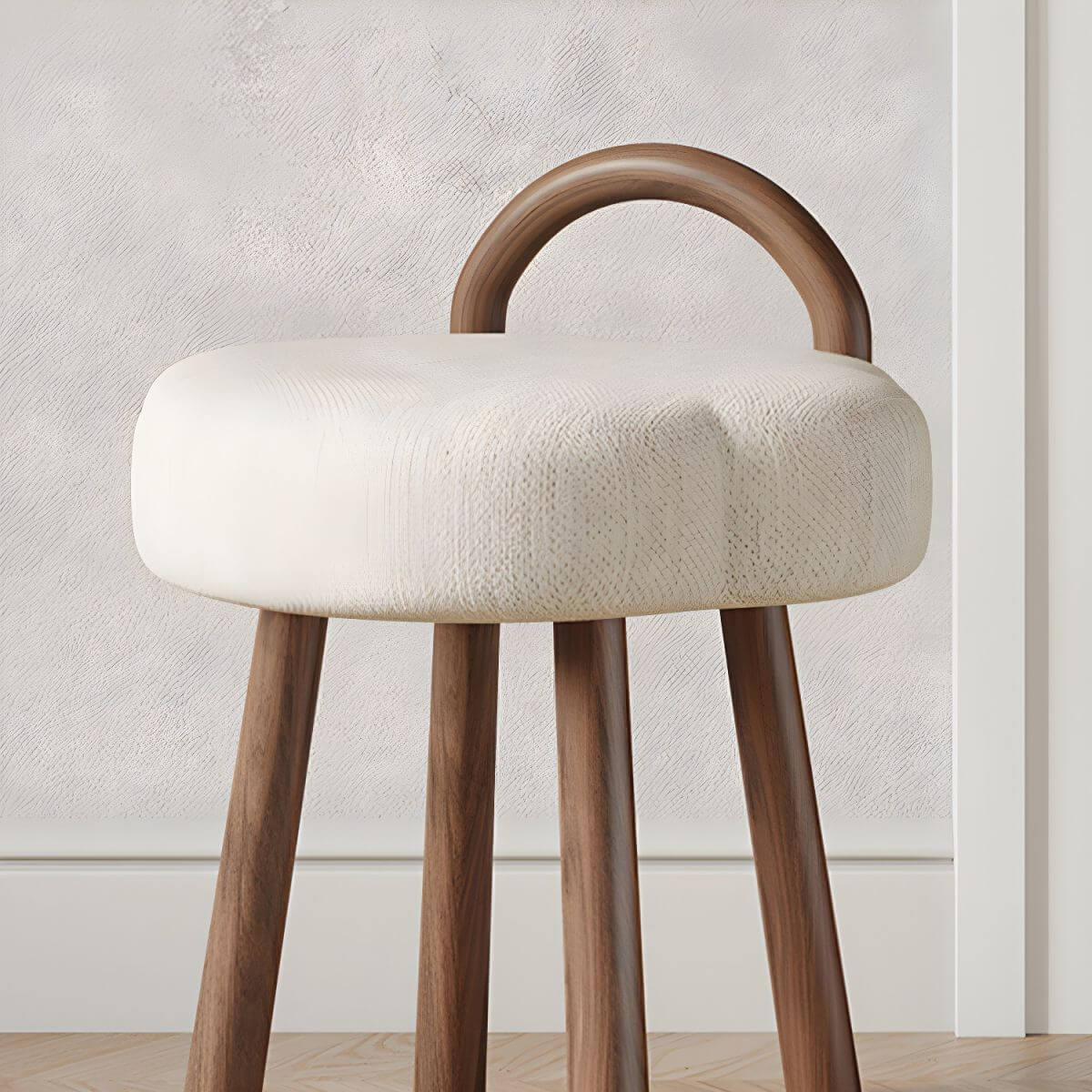 White Upholstered Vanity Stool with Back Support & Wooden Legs - 19
