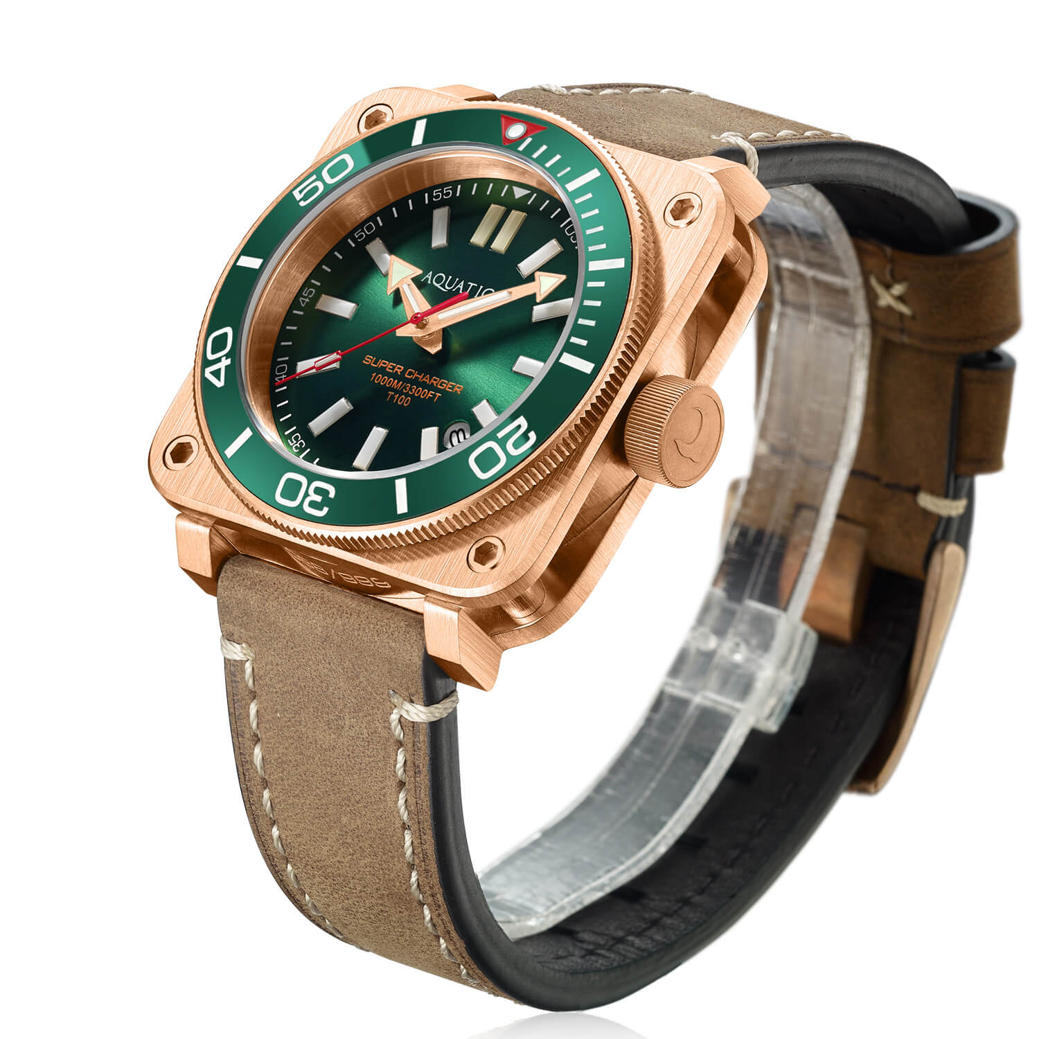 Aquatico Super Charger Bronze Green Ceramic Bezel SW200 Automatic Diver Watch - Perfect for Scuba Diving, Water Sports & Luxury Fashion Accessories