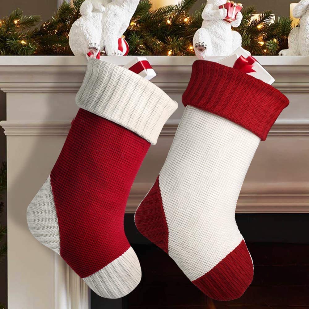 Premium Meriwoods Christmas Stockings - 2 Pack 18 Inch Large Heavy Knit Holiday Stockings, Rustic Xmas Decor for Country Home & Farmhouse Style - Burgundy Red & Cream White - Perfect for Fireplace Mantel, Staircase, and Festive Holiday Decorations