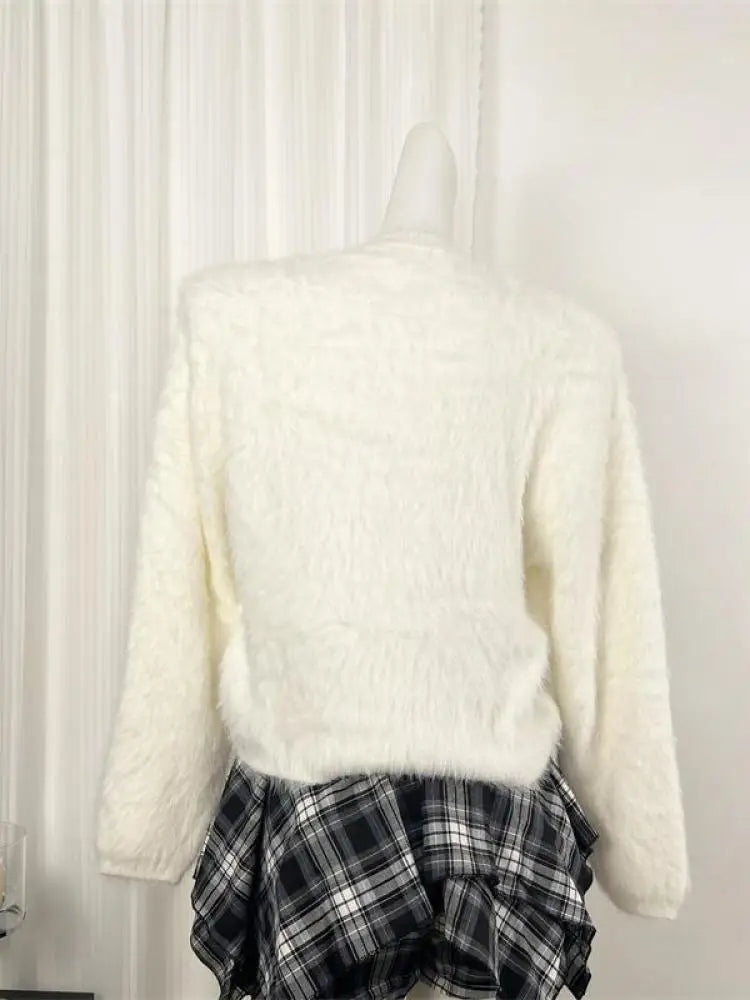 Women's White Mink Fur Ball Decor Short Knit Sweater - Round Neck Long Sleeve Pullover Top for Autumn Winter | Casual Streetwear & Vacation Outfit