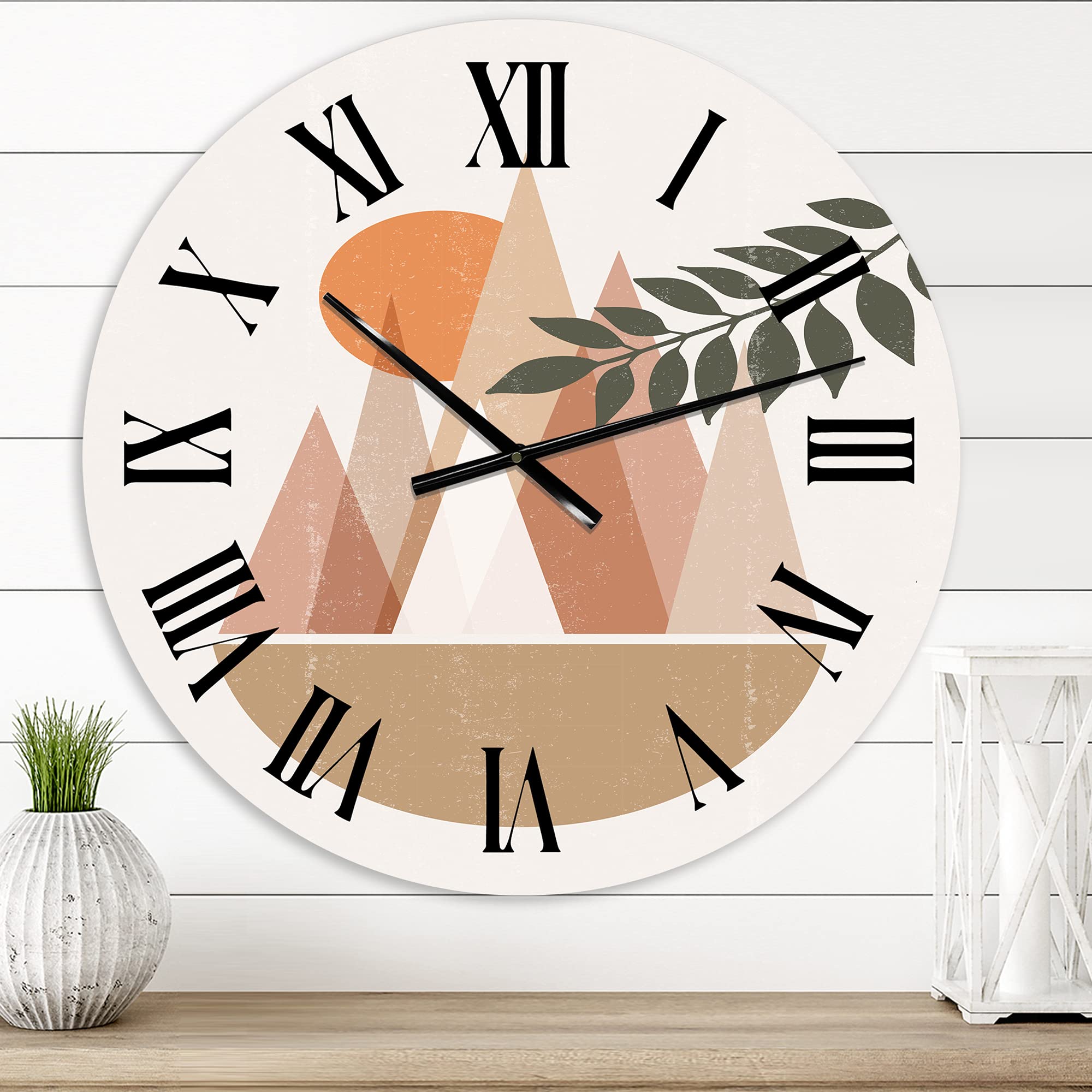 DesignQ Modern Wall Clock - Abstract Sun and Moon in Mountains II - Large Floral Botanical Wall Art for Living Room, Bedroom & Office Decor - Perfect for Home, Office and Gift Giving