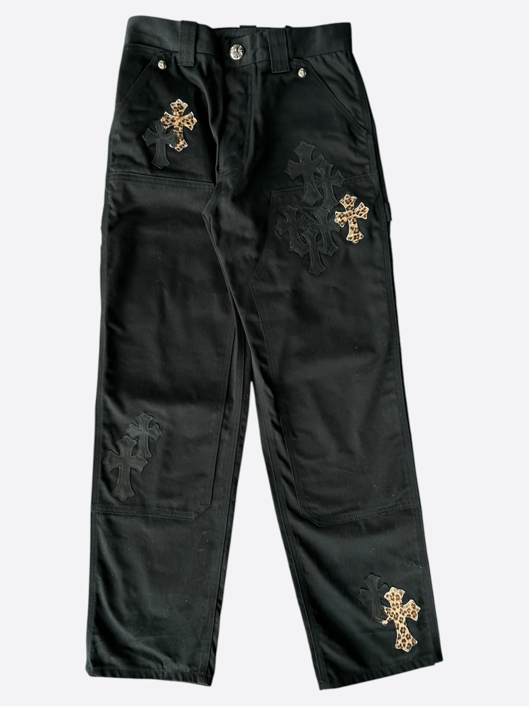 Chrome Hearts Black & Cheetah Cross Patch Carpenter Pants - Gothic Streetwear for Men, Edgy Fashion Statement | Perfect for Concerts, Night Out & Alternative Style