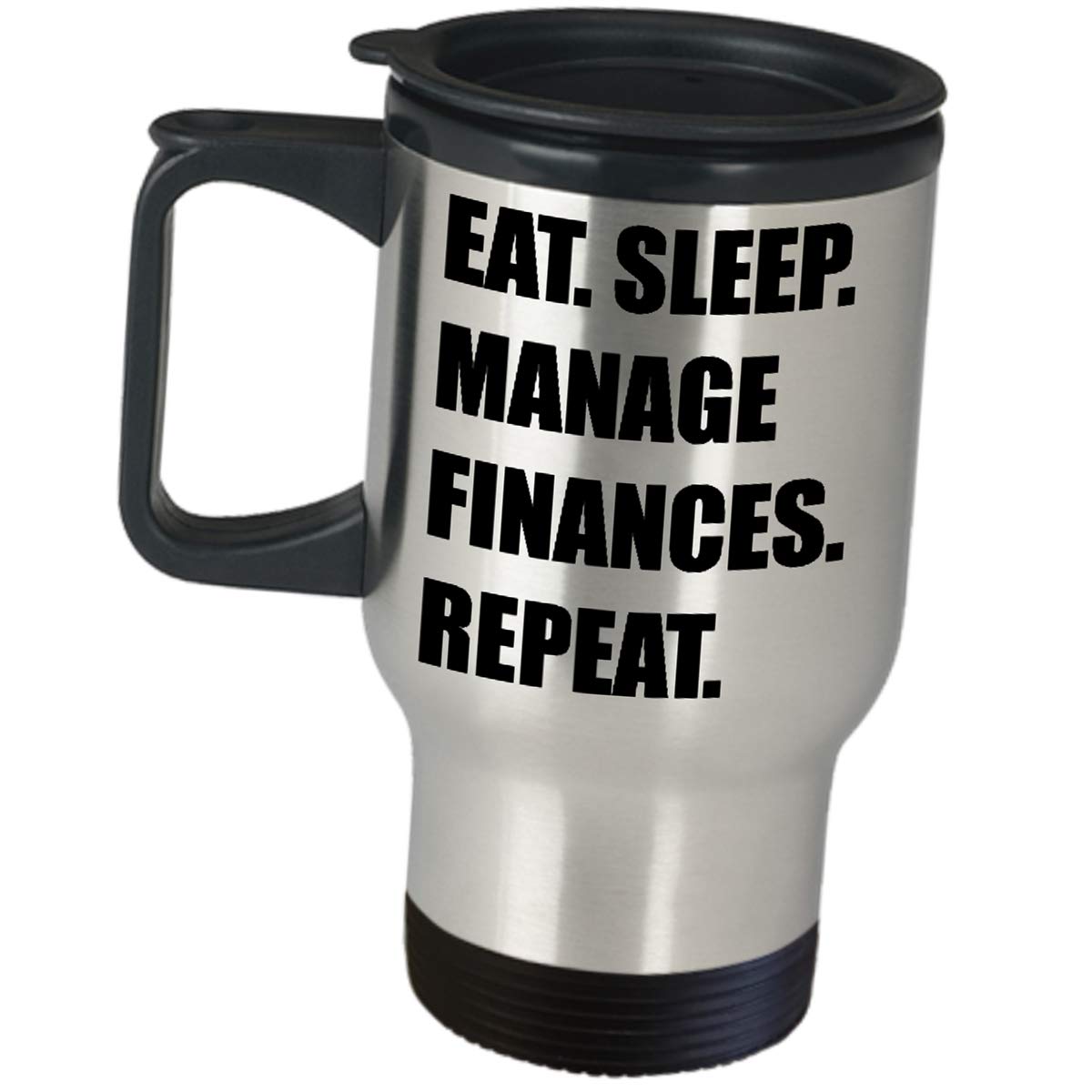 Funny Finance Director Travel Mug - 'Eat Sleep Manage Finances Repeat' Insulated Coffee Tumbler Gift for Financial Managers, Senior Executives & Office Teams - Perfect for Office Appreciation, Corporate Gifts & Work Motivation