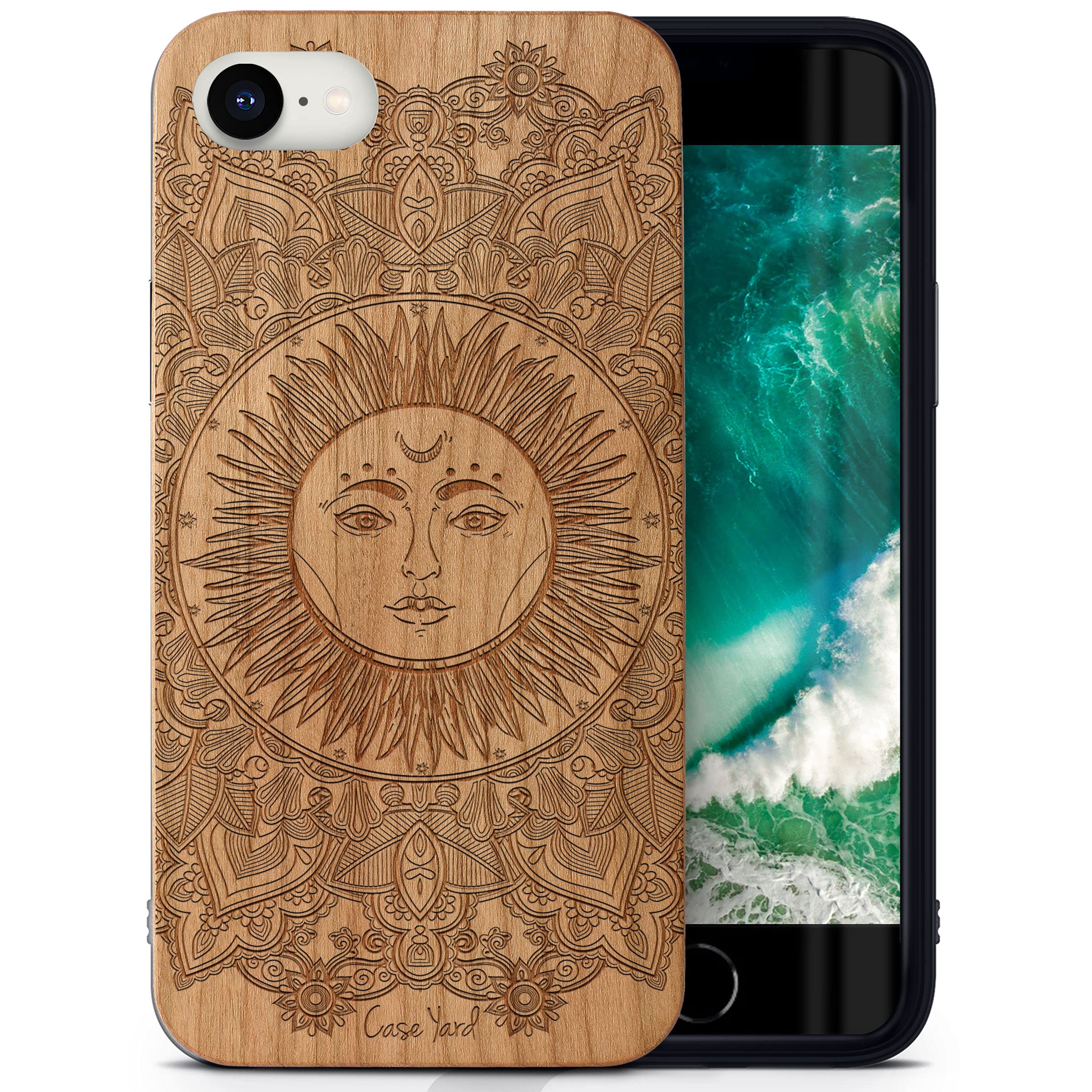 Wooden iPhone SE Case - Laser Engraved Sun Mandala Design Cherry Wood Protective Cover | Shockproof Slim Fit Phone Case for Men & Women | Perfect for Outdoor Adventures, Travel & Daily Protection
