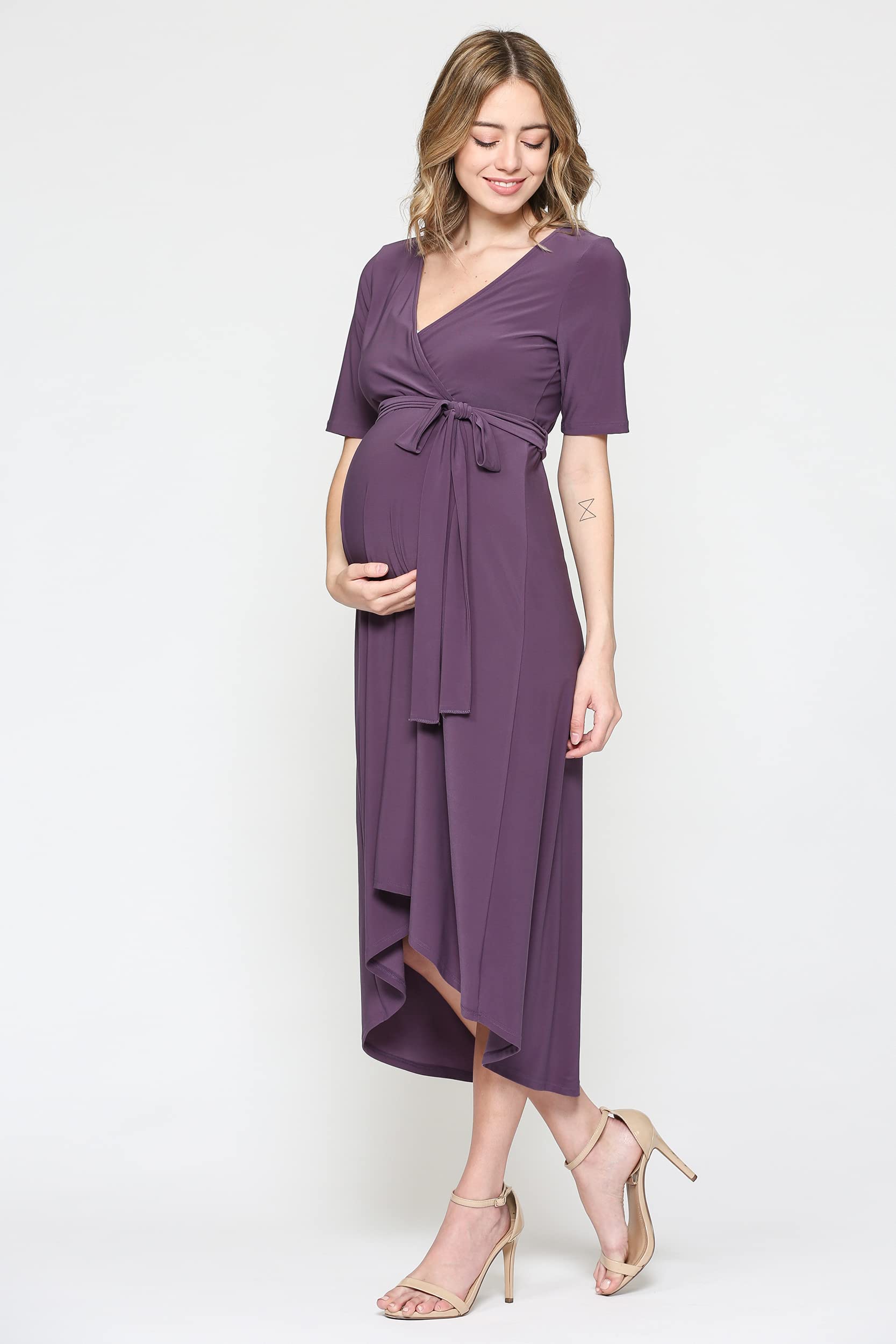 Maternity Wrap Dress for Women - Midi Length with Adjustable Waist Belt | Comfortable Pregnancy Dress for Work, Baby Shower & Special Occasions