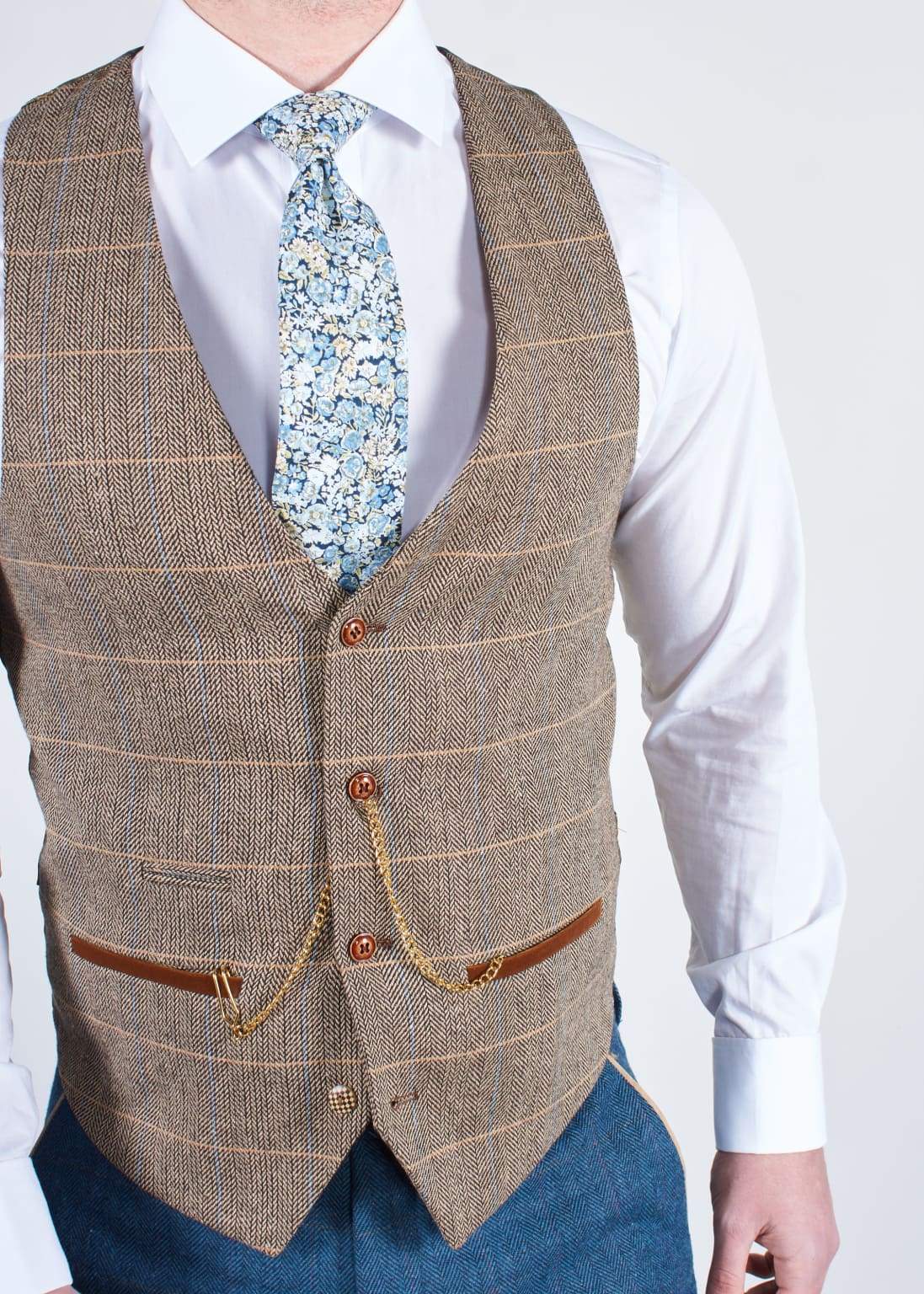 Marc Darcy Dion Blue Tweed 3-Piece Wedding Suit with Tan Brown Waistcoat - Perfect for Formal Events, Weddings & Special Occasions