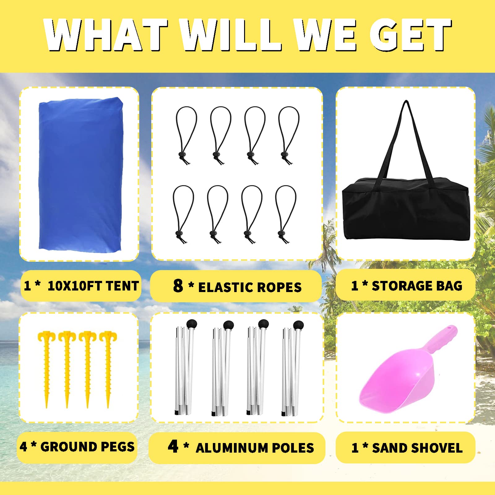 AMOSSO 10x10FT Pop Up Beach Tent with UPF50+ Sun Protection - Portable Sun Shelter with 4 Aluminum Poles, 8 Elastic Ropes & Sand Shovel - Perfect for Camping, Fishing, Backyard & Beach Days (Royal Blue)