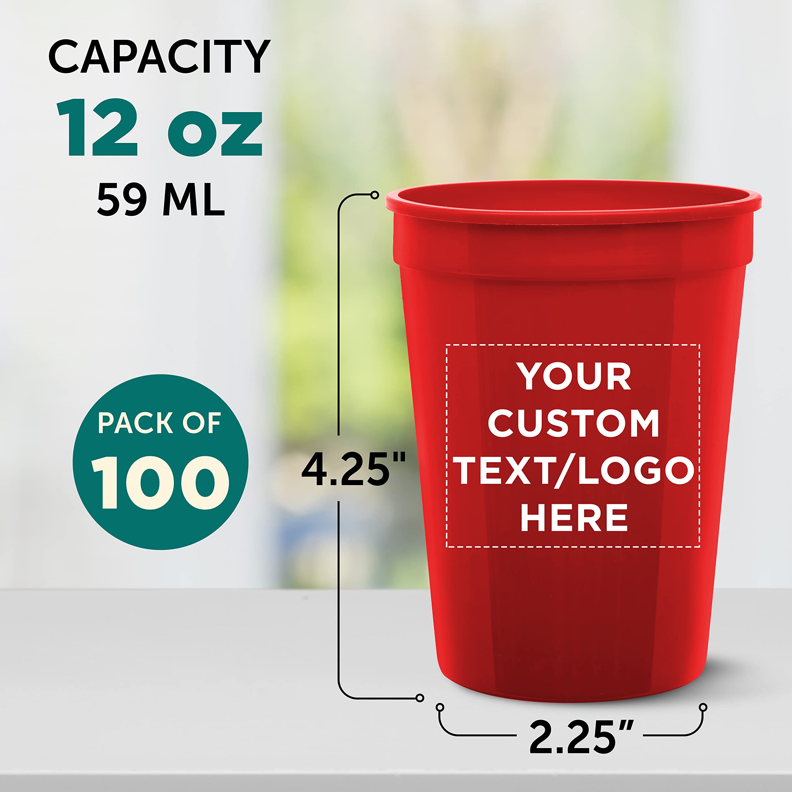 Custom Printed 12 oz Disposable Plastic Cups - Bulk Pack of 100 Personalized Party Cups for Summer, Sports Events, Birthdays, Weddings & Picnics - Durable Red Plastic Drinkware for Beach Parties, BBQs and Outdoor Gatherings