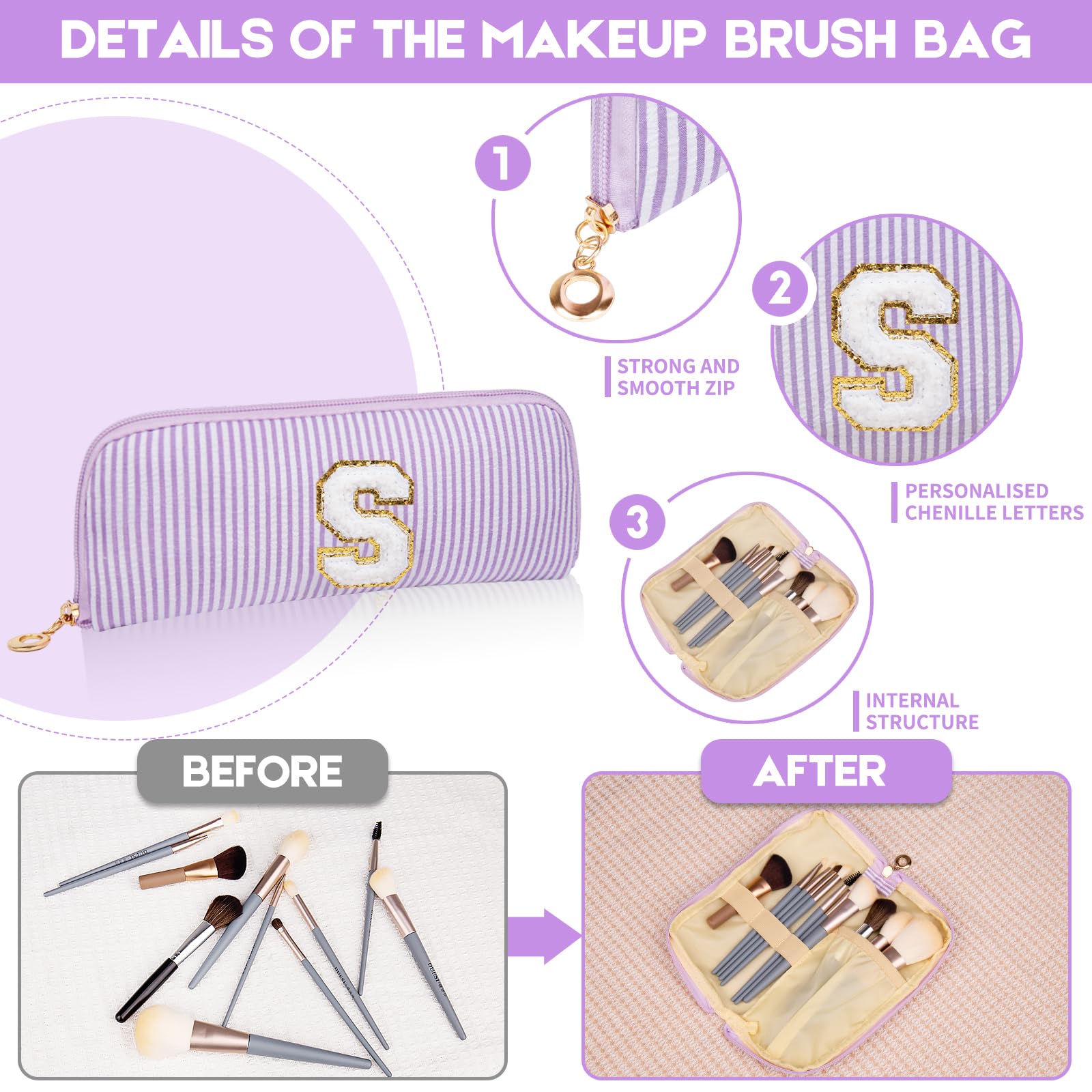 Personalized Initials Makeup Bag Set - Large Purple Cosmetic Bag for Women | Cute Travel Toiletry Organizer | Perfect Gift for Girls, Friends & Bridesmaids | Great for Travel, Gym, Beach & Daily Use (Purple)