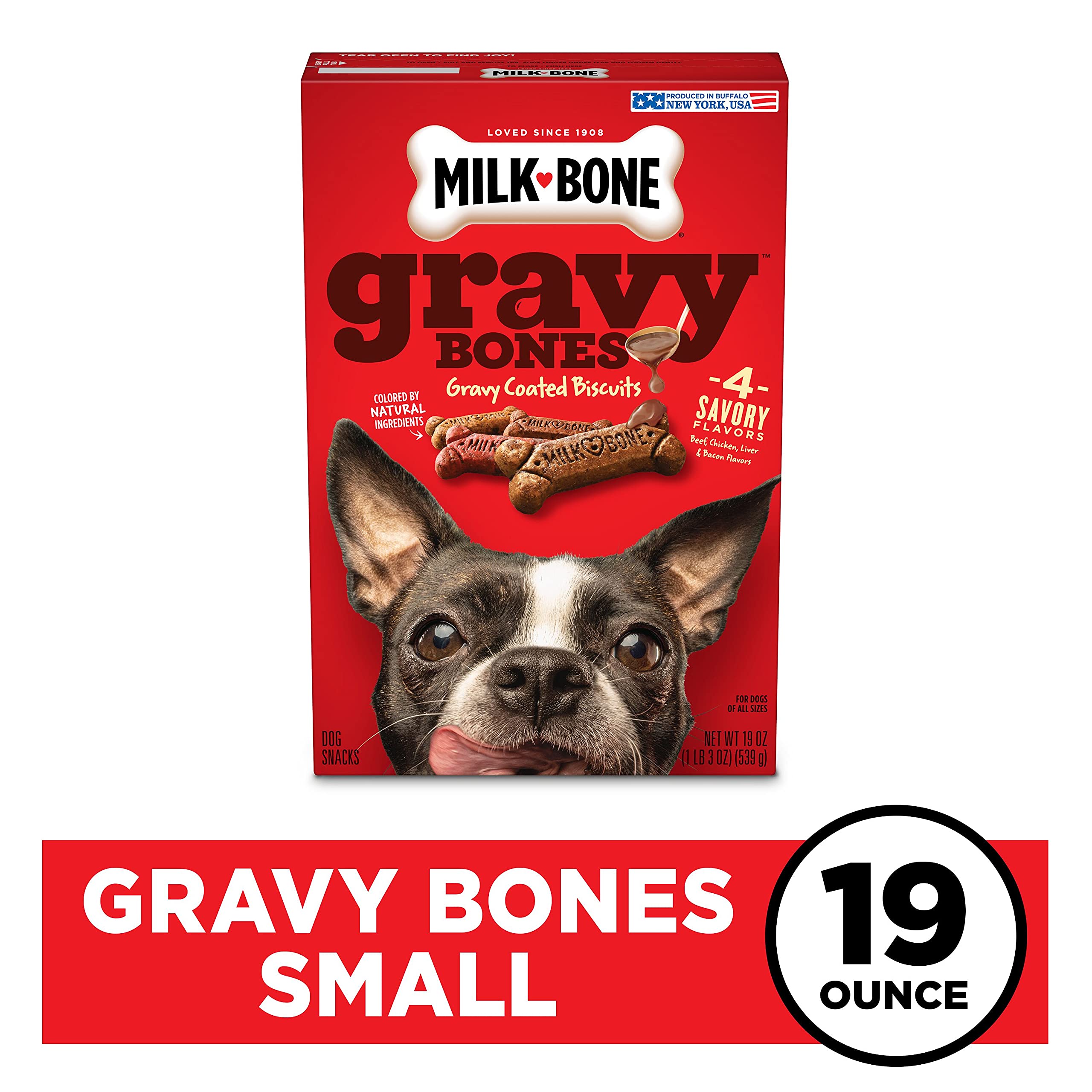Milk-Bone Gravy Bones Dog Treats - 4 Savory Meat Flavors Coated in Gravy, 19oz (Pack of 12) | Delicious & Nutritious Dog Snacks for Training, Rewards & Dental Health | Perfect for Small, Medium & Large Dogs