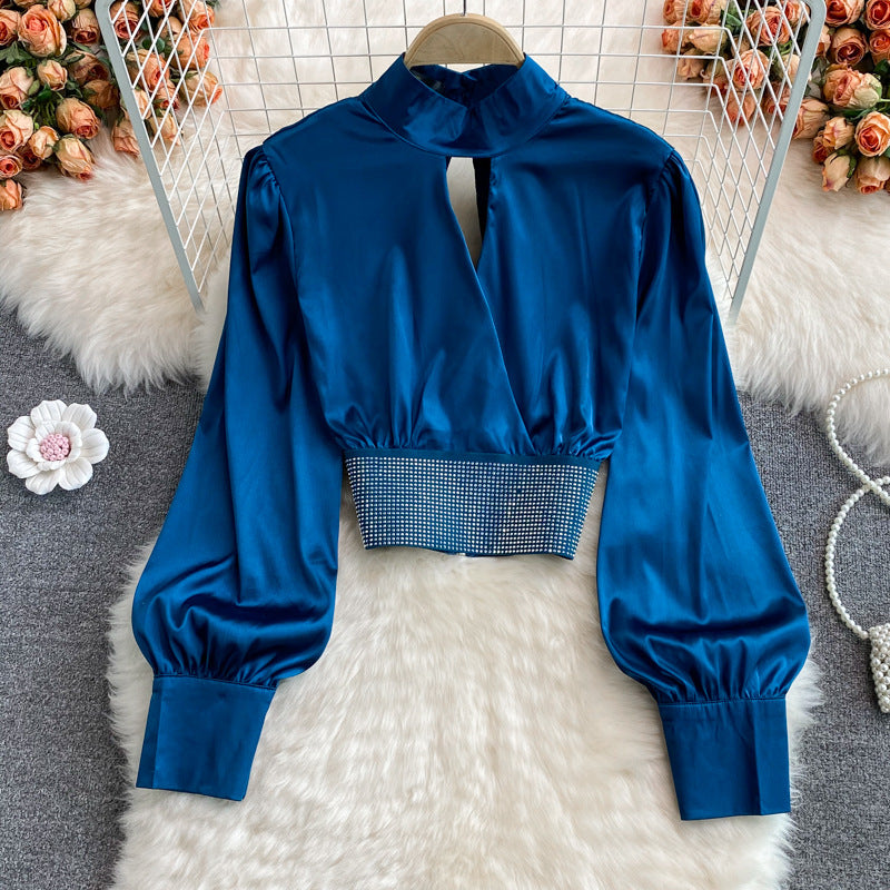 Autumn New Stand Collar Short Sleeve Satin Shirt for Women - Elegant Blouse Top 361 - Perfect for Office Wear, Casual Outfits & Fall Fashion