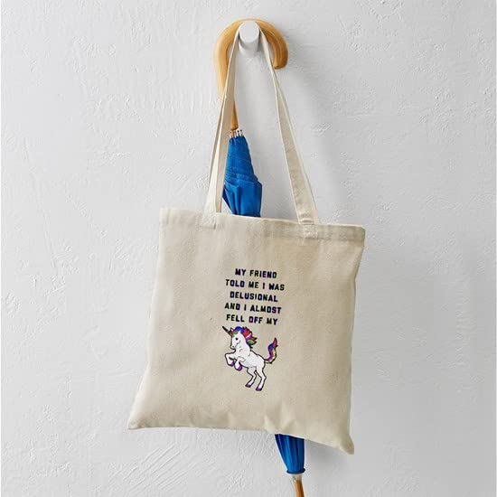 Funny I Almost Fell Off My Unicorn Canvas Tote Bag - Reusable Natural Cotton Shopping Bag for Groceries, Beach & Work