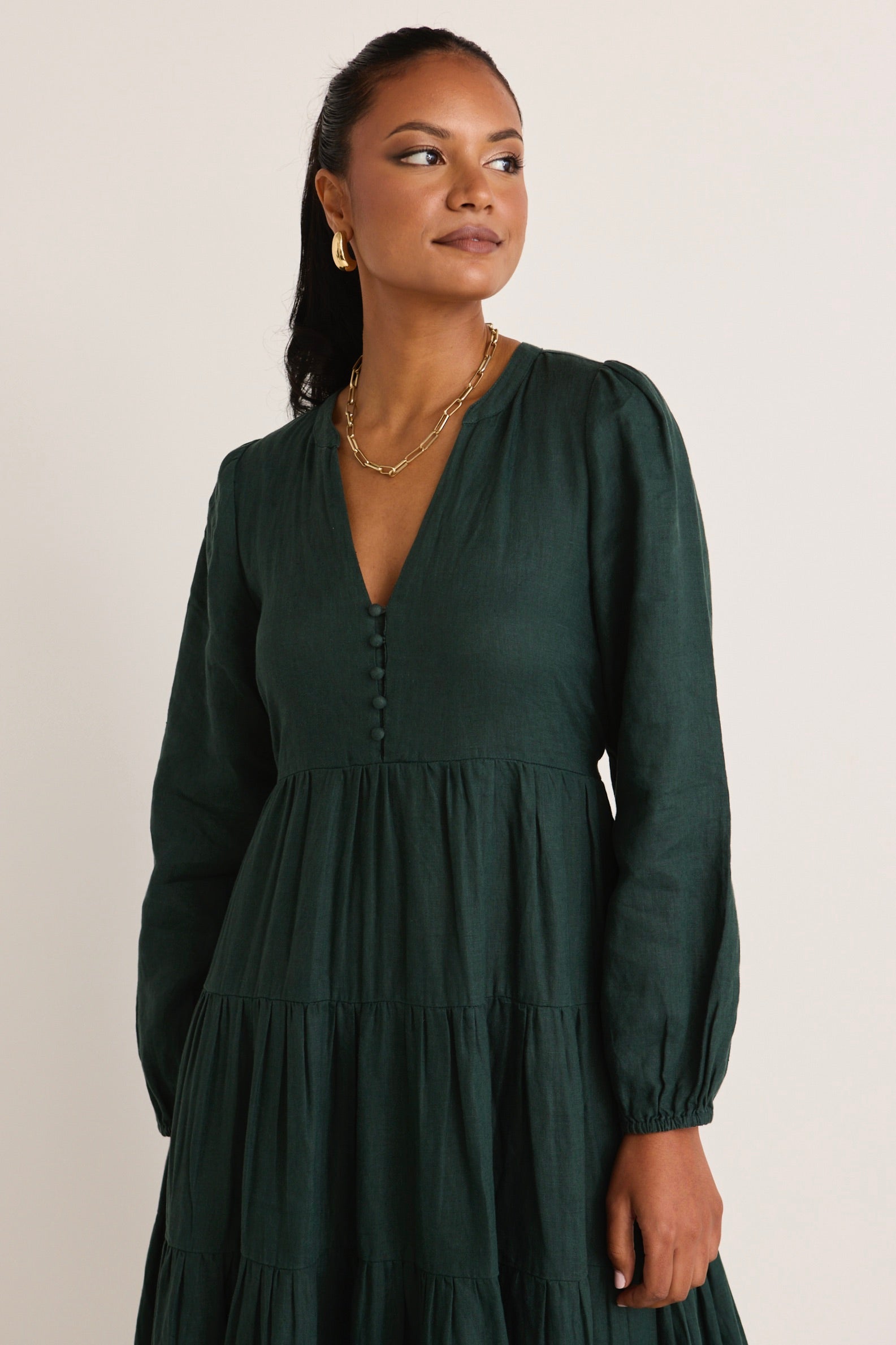 Stylish Dark Forest Linen Long Sleeve Button Front Tiered Maxi Dress for Women - Perfect for Boho Chic Outfits, Beach Vacations & Summer Weddings