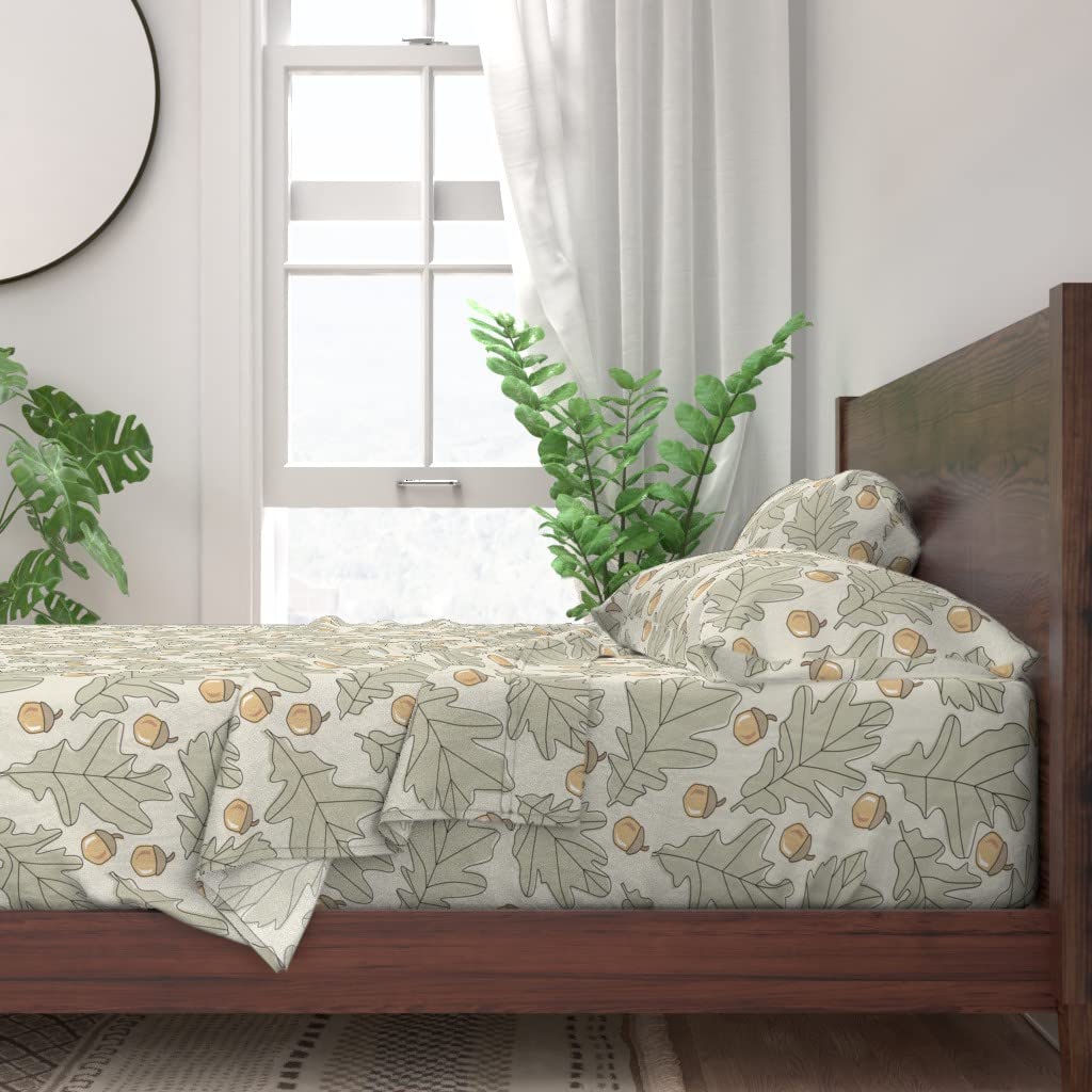 100% Cotton Queen Size 4-Piece Sheet Set - Acorn Forest Leaves Black Cream Woodland Print | Soft Breathable Bedding for Fall & Autumn Decor | Perfect for Guest Rooms, Cabins & Cozy Bedrooms