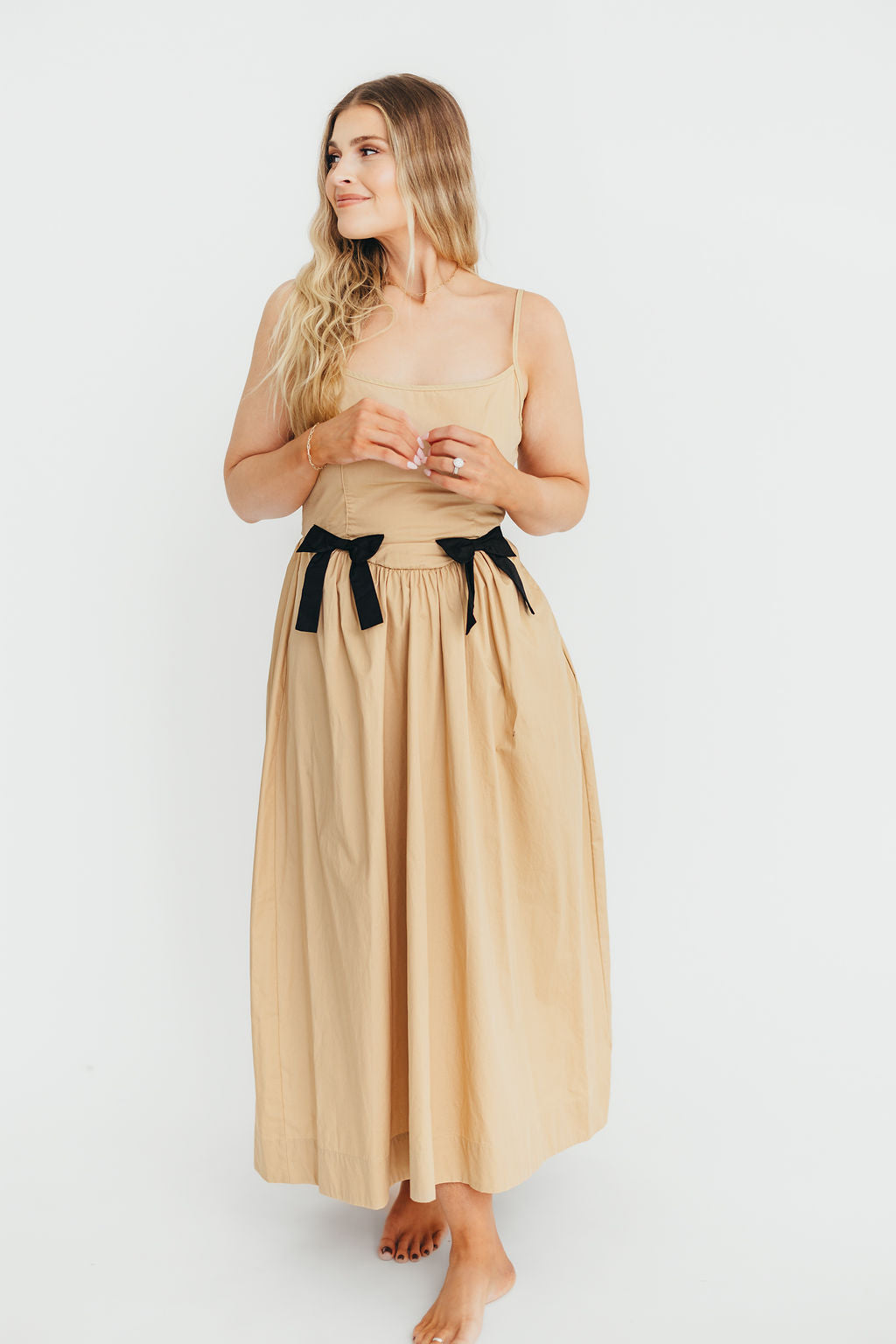 Celeste Square Neck Midi Dress with Bow Detail in Khaki - Elegant Women's Summer Dress for Weddings, Parties & Date Nights