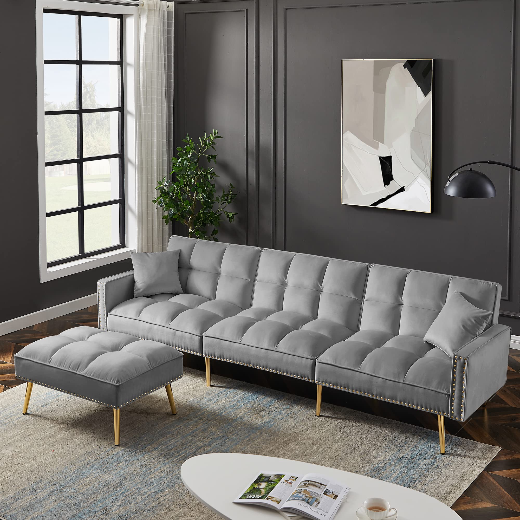 Petolovty Adjustable Velvet Convertible Folding Futon Sofa Bed - L-Shaped Couch with Removable Ottoman for Small Spaces, Living Room & Guest Room (107x34.6x31.5 Inches) - Perfect for Apartments, Dorms & Studio Homes