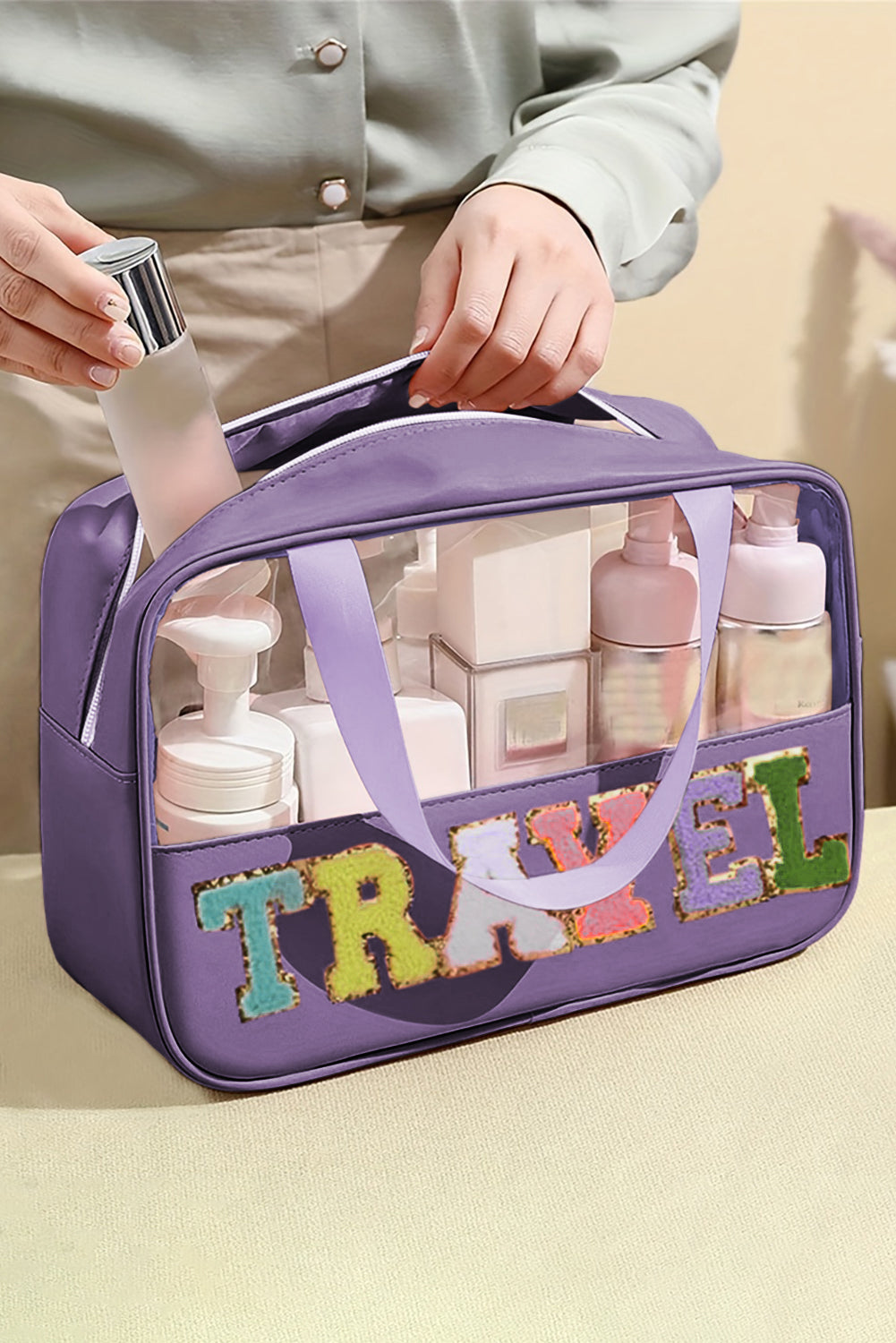 Stylish Chenille Letter Clear PVC Makeup Bag for Travel - Perfect Cosmetic Organizer for Vacation, Gym & Daily Essentials