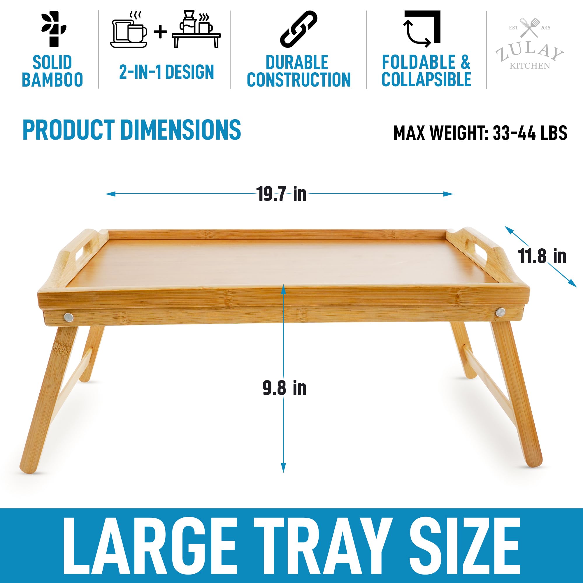 Zulay Premium Bamboo Breakfast Tray with Folding Legs - Adjustable Bed Table for Eating, Working & Relaxing - Multi-Functional Serving Tray for Breakfast in Bed, Laptop Desk, Snack Tray & Home Office Use