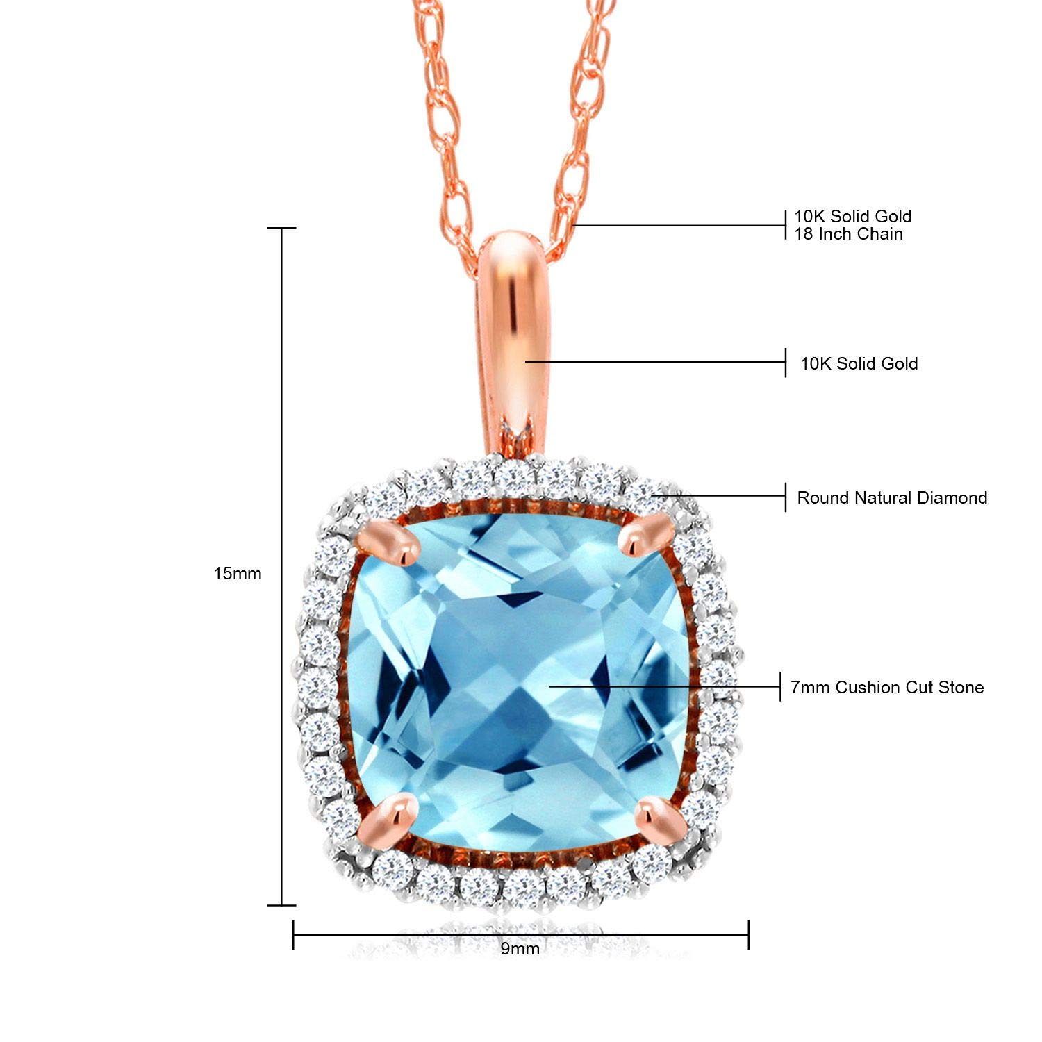 10K Rose Gold Birthstone & White Diamond Halo Pendant Necklace for Women - 7MM Cushion Cut Gemstone with 18