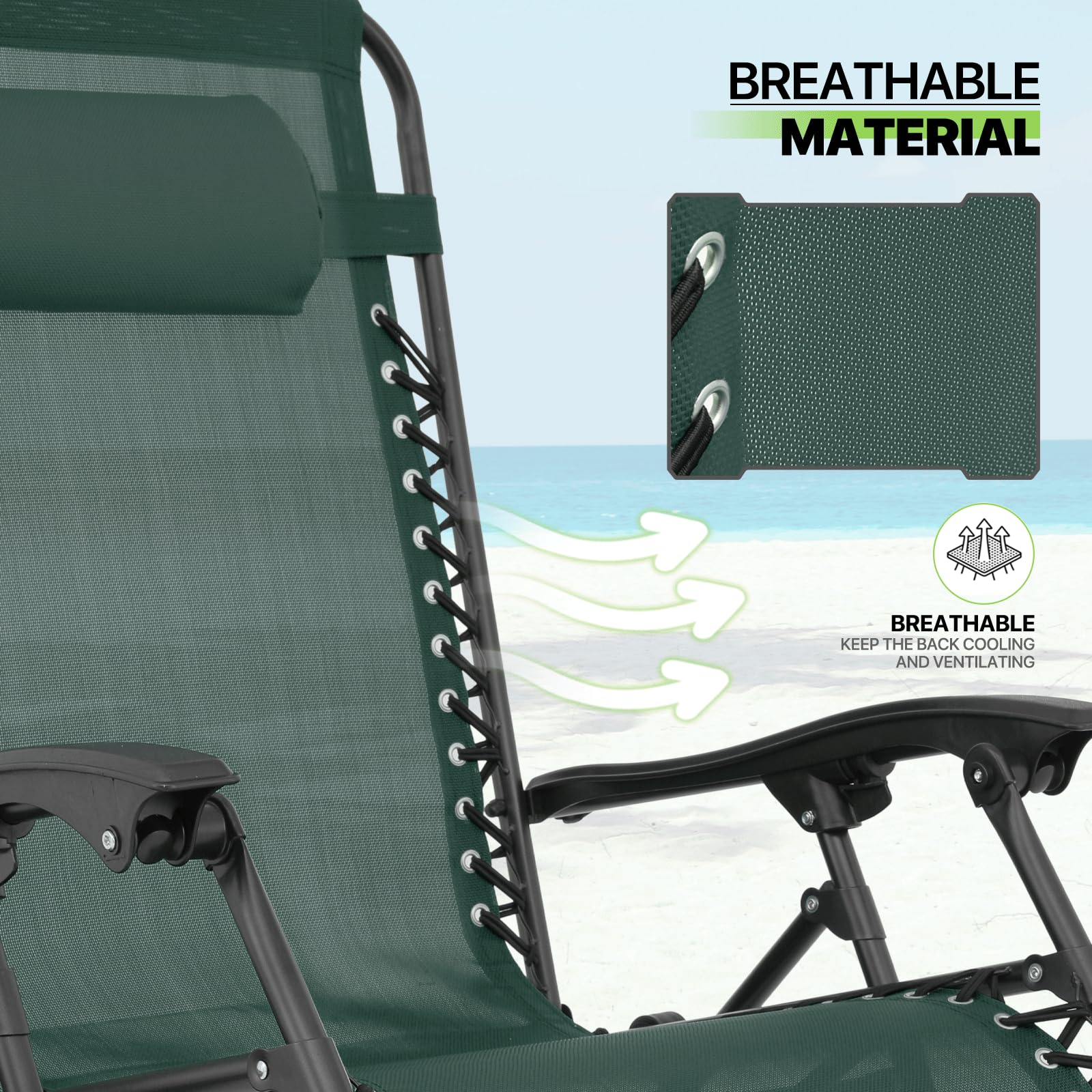 Magshion Zero Gravity Lounge Chairs Set of 2 - Adjustable Outdoor Patio Recliners with Side Tray & Pillow Headrest - Foldable Anti-Gravity Chairs for Backyard, Poolside, Camping, Beach - Green (Perfect for Relaxing in Garden, Patio or Vacation)