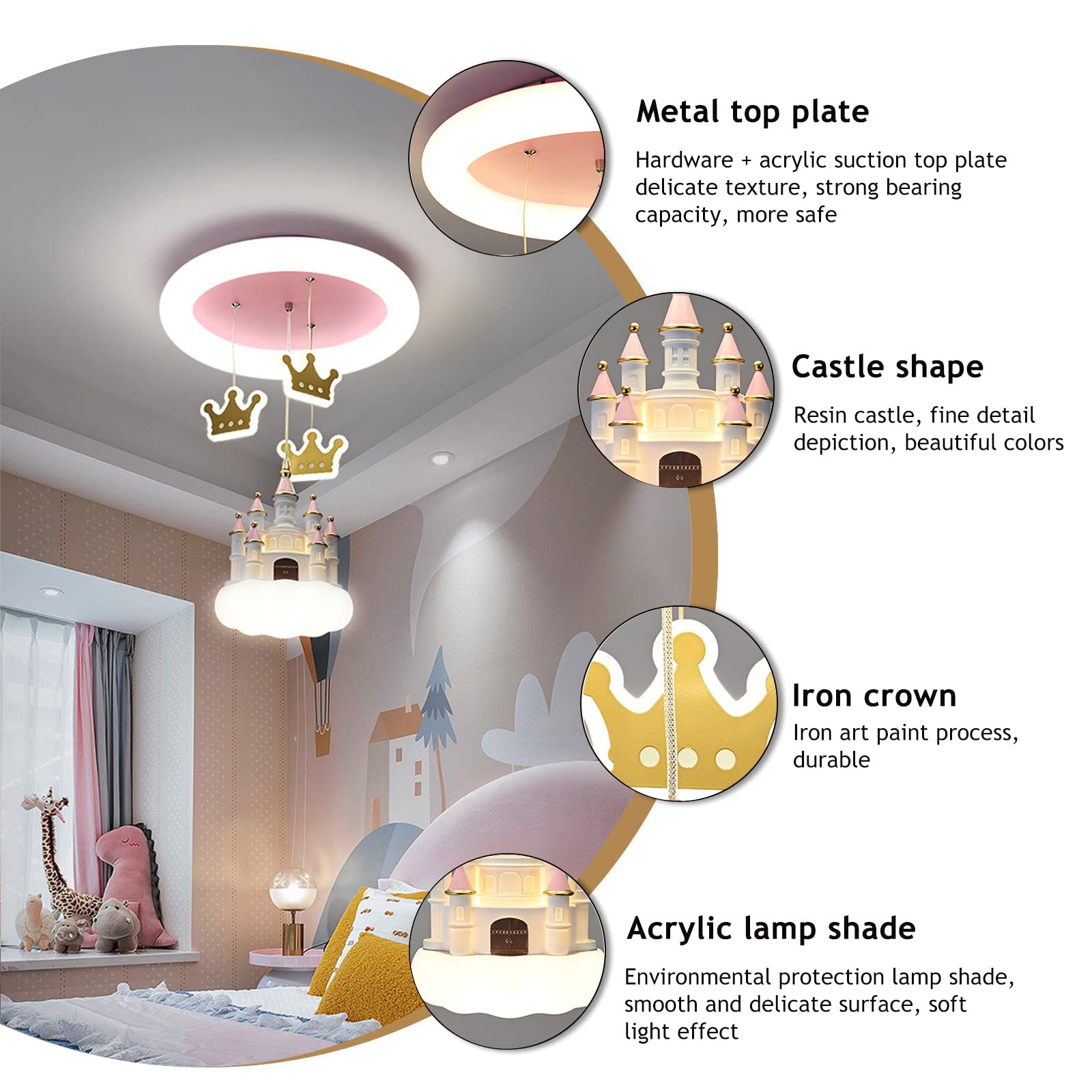 Pink Castle Kids Ceiling Lamp - Cartoon Cloud Resin Chandelier with Acrylic Lampshade - Modern Crown Mini Chandelier for Girls Bedroom, Nursery, Living Room & Dining Room Decor - Perfect for Princess-Themed Parties & Fantasy Room Design
