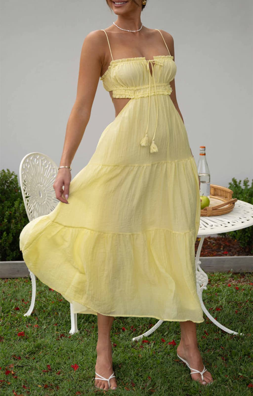 Yuemengxuan Women's Backless Mini Dress - A-Line Fairy Summer Dress with Spaghetti Straps & Ruffle Ruched Design | Flowy Sun Dress for Beach, Party & Date Night | 2025 Fashion Trend