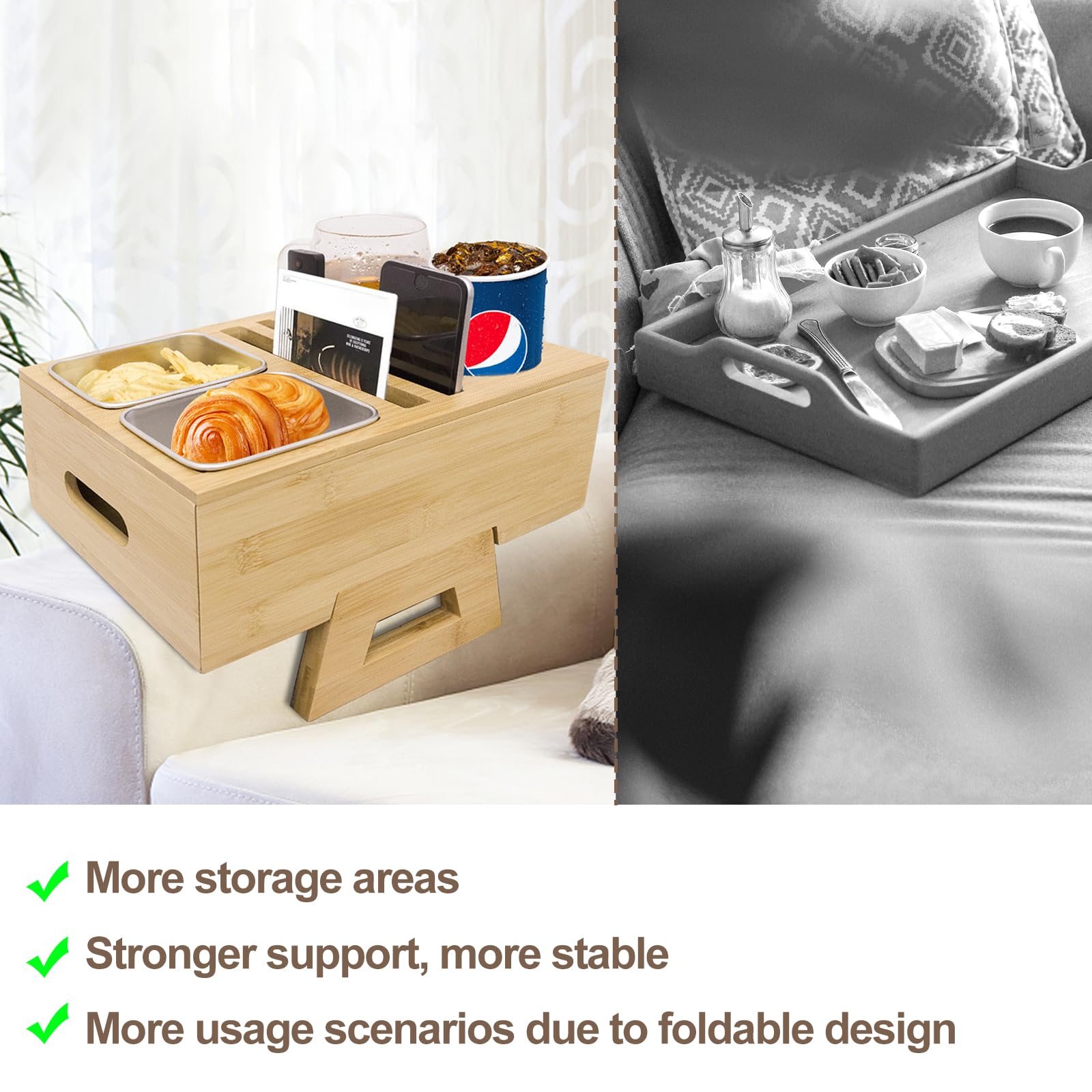 Bamboo Couch Cup Holder Tray with Removable Lid & Non-Slip Pad - Sofa Armrest Snack Table for Drinks, Food, Remote Control - Perfect for Movie Nights, Gaming & Relaxing on the Couch